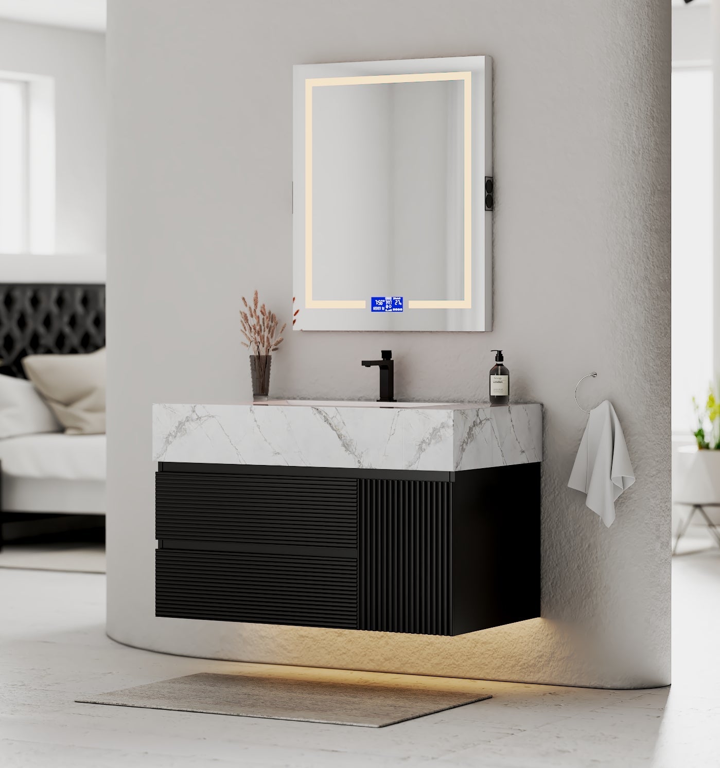 32–48" Black Fluted Floating Vanity with Seamless Stone Sink - VanityIce Grey NeoNova Decor