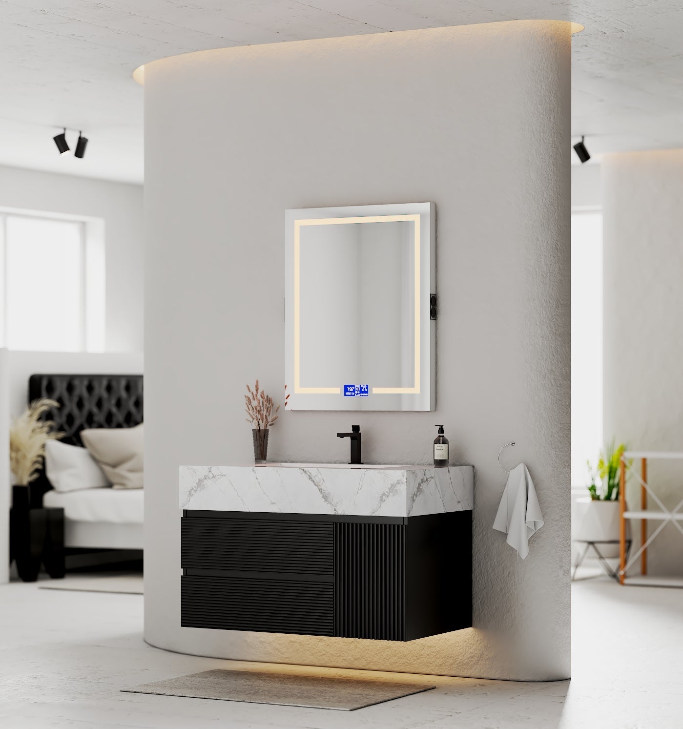 32–48" Black Fluted Floating Vanity with Seamless Stone Sink - VanityIce Grey NeoNova Decor
