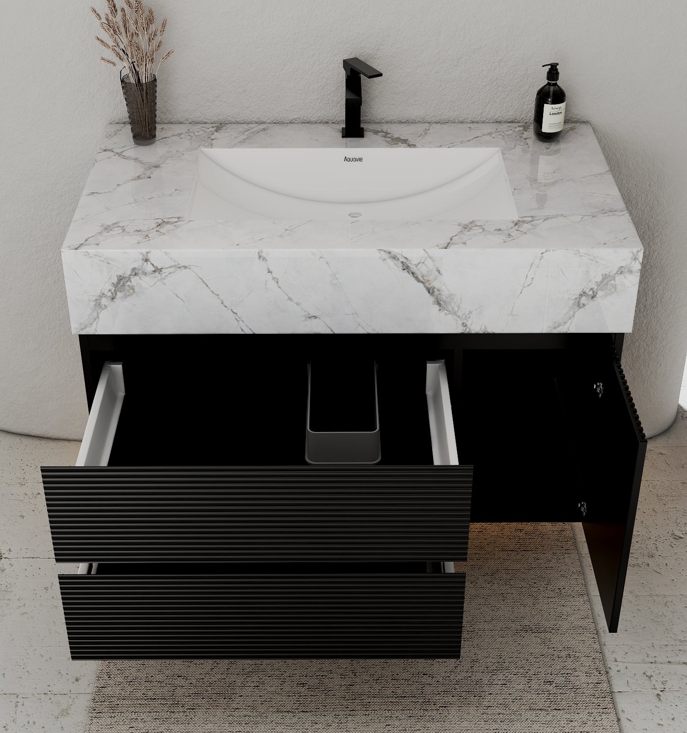 32–48" Black Fluted Floating Vanity with Seamless Stone Sink - VanityIce Grey NeoNova Decor