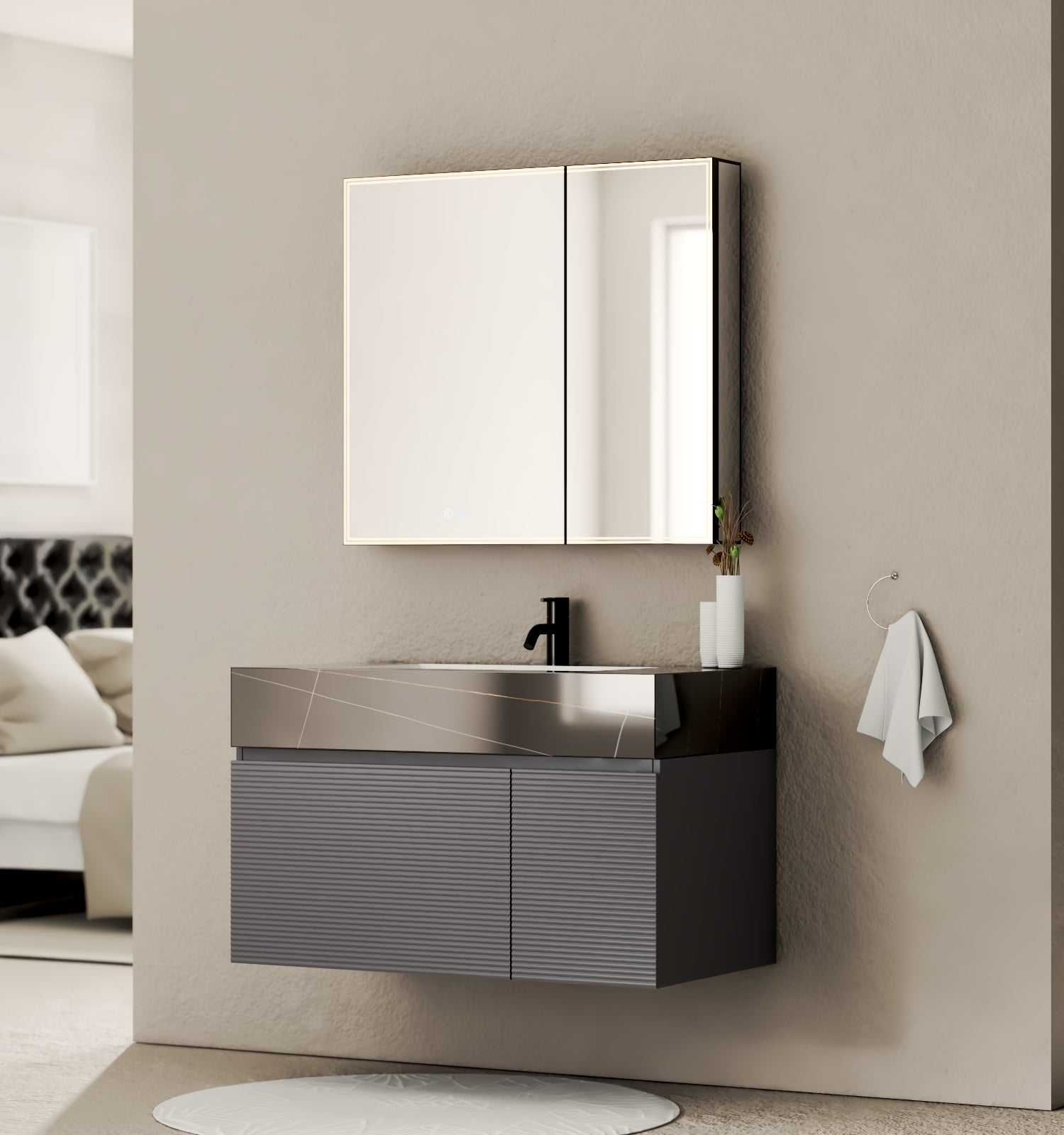40''/32'' Stone Top with Dark Gray Engineered Wood Floating Bathroom Vanity - Vanity32" NeoNova Decor