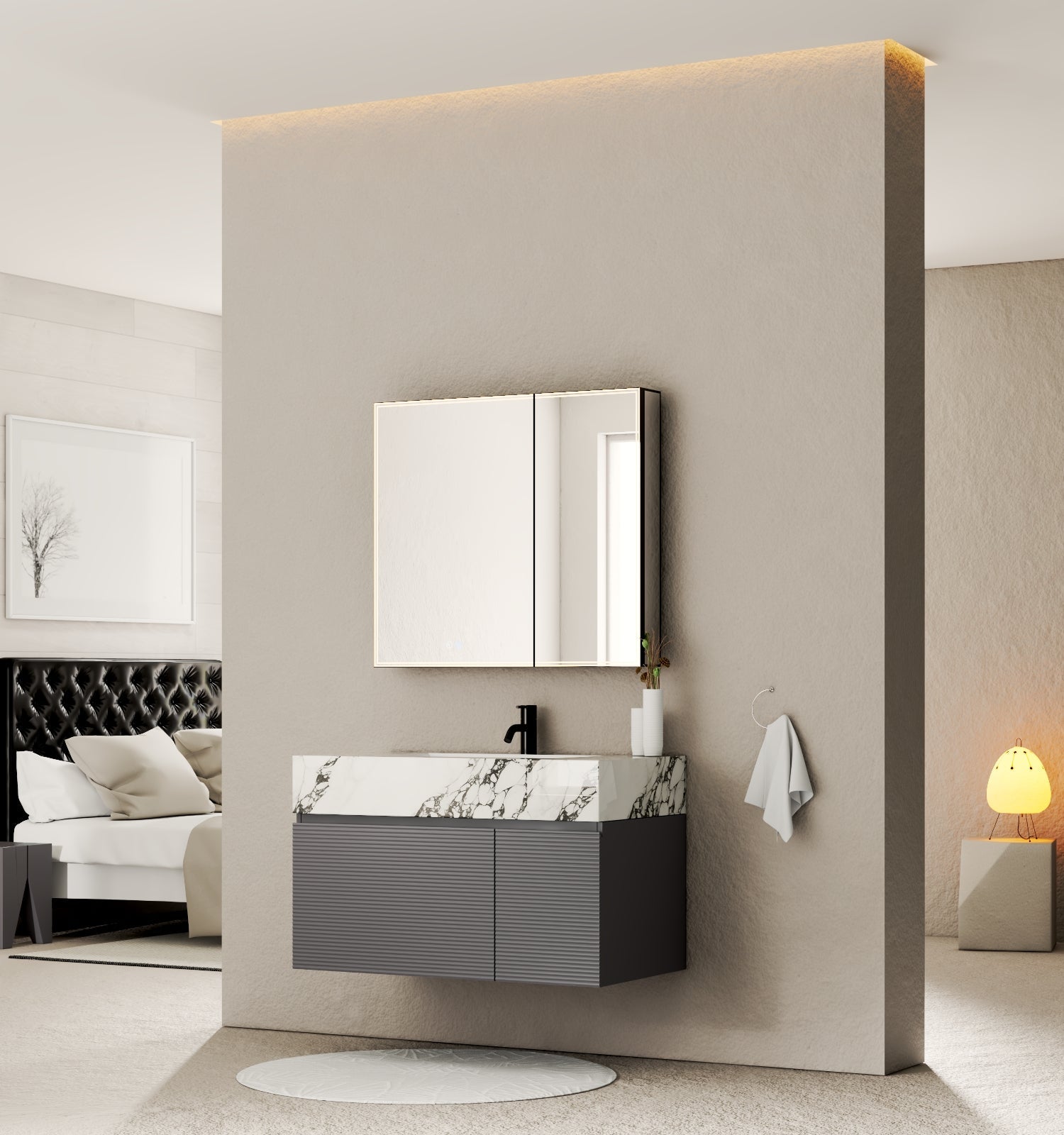 40''/32'' Stone Top with Dark Gray Engineered Wood Floating Bathroom Vanity - Vanity40" NeoNova Decor