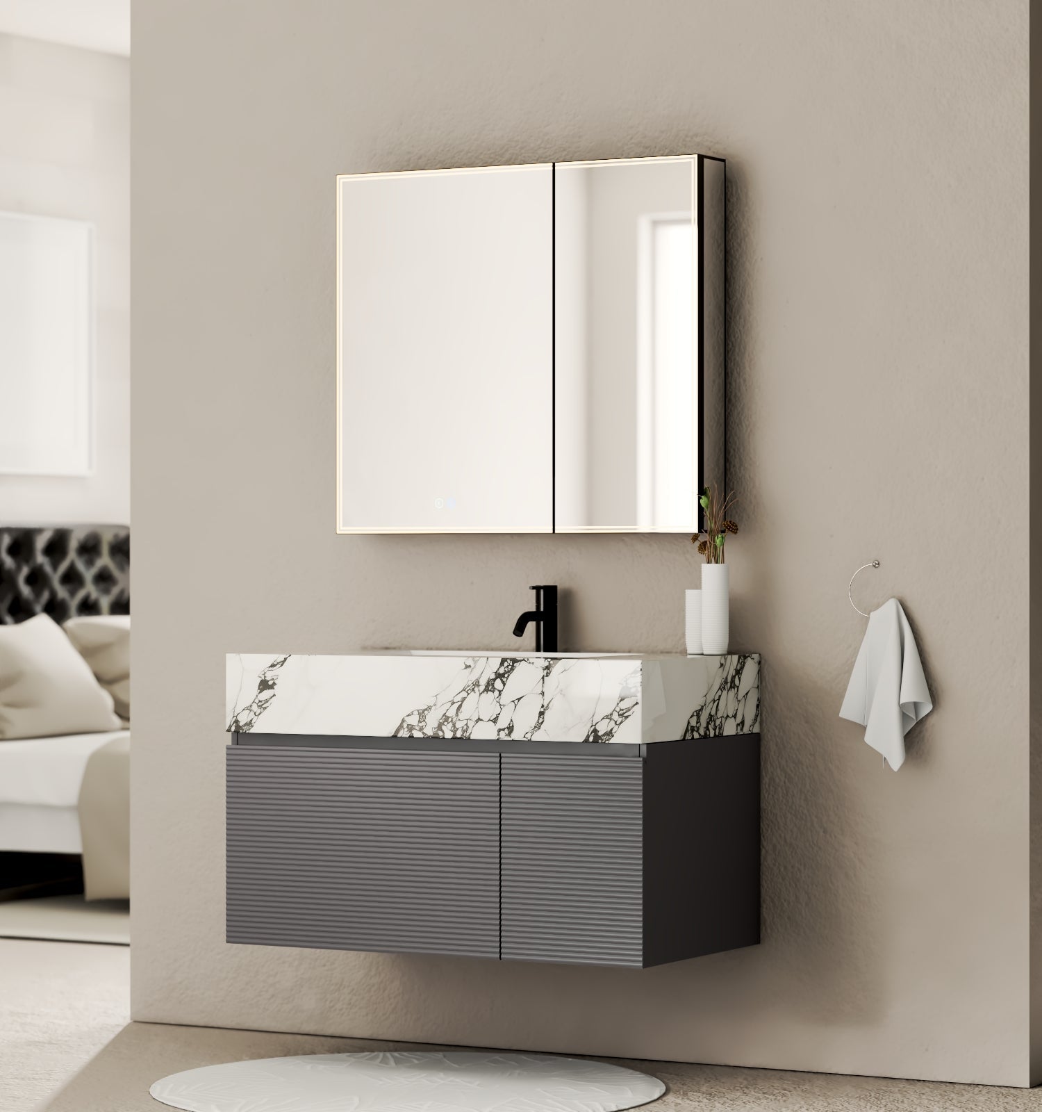 40''/32'' Stone Top with Dark Gray Engineered Wood Floating Bathroom Vanity - Vanity40" NeoNova Decor