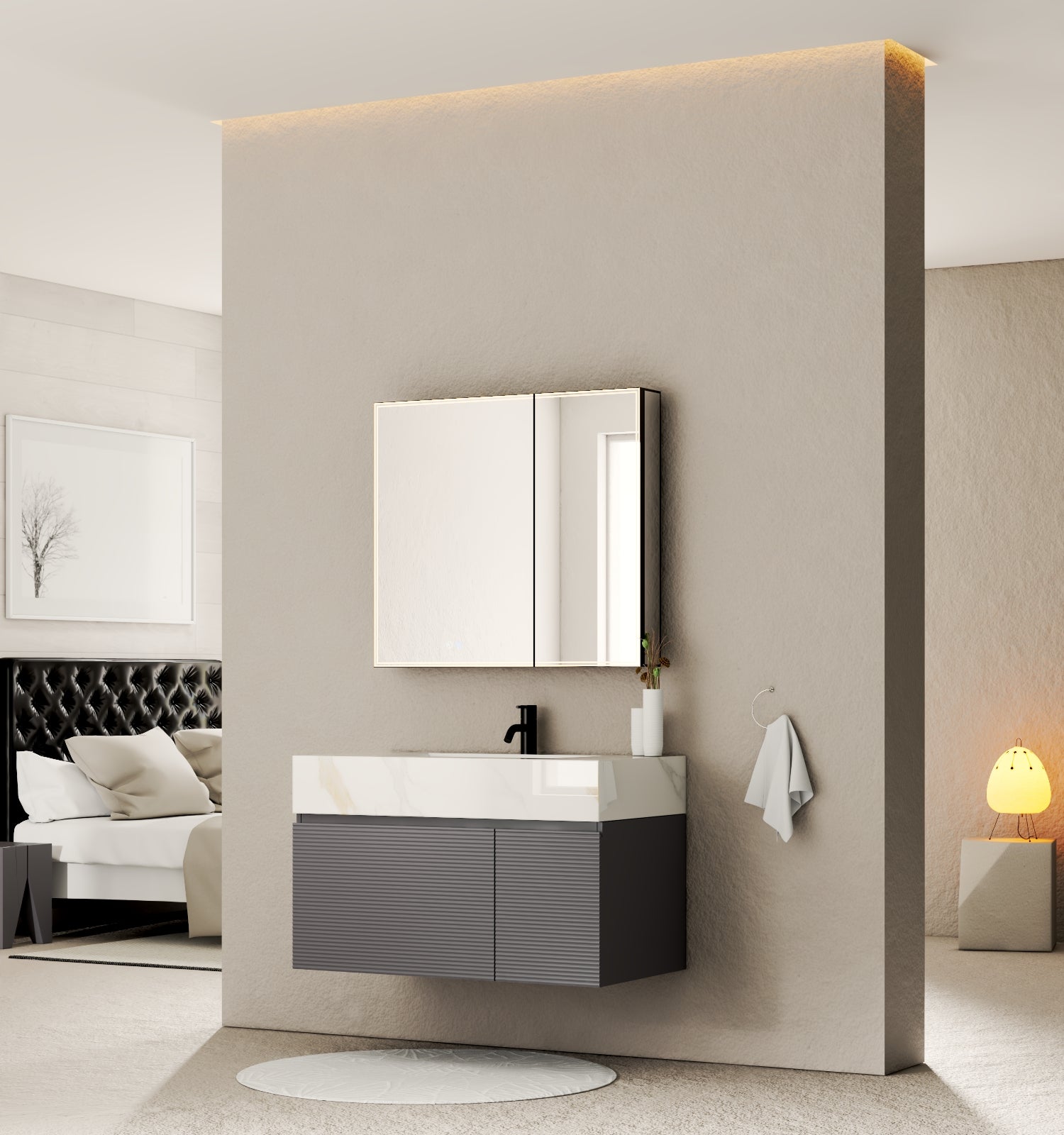 40''/32'' Stone Top with Dark Gray Engineered Wood Floating Bathroom Vanity - Vanity40" NeoNova Decor