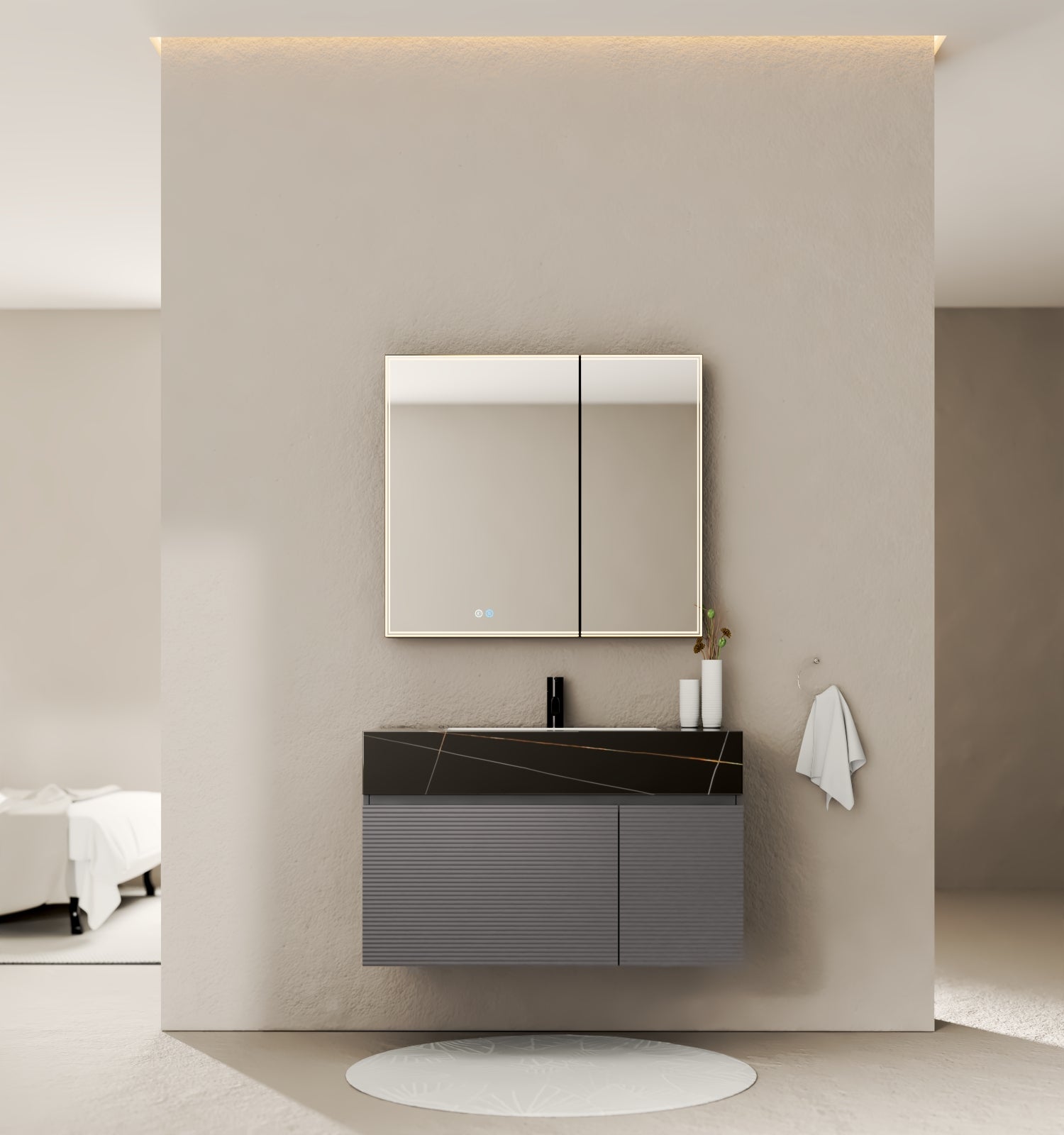 40''/32'' Stone Top with Dark Gray Engineered Wood Floating Bathroom Vanity - Vanity40" NeoNova Decor