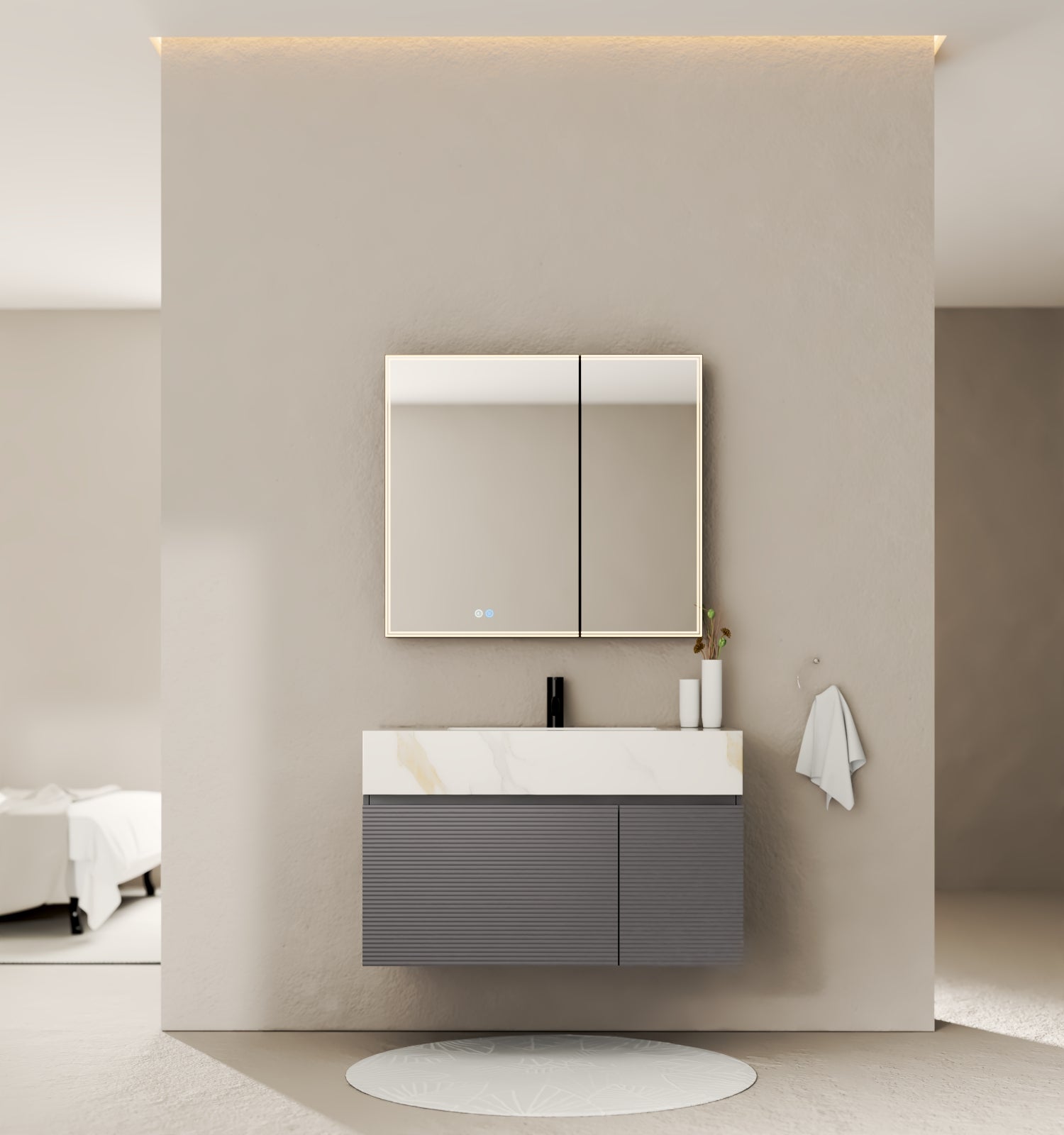 40''/32'' Stone Top with Dark Gray Engineered Wood Floating Bathroom Vanity - Vanity40" NeoNova Decor