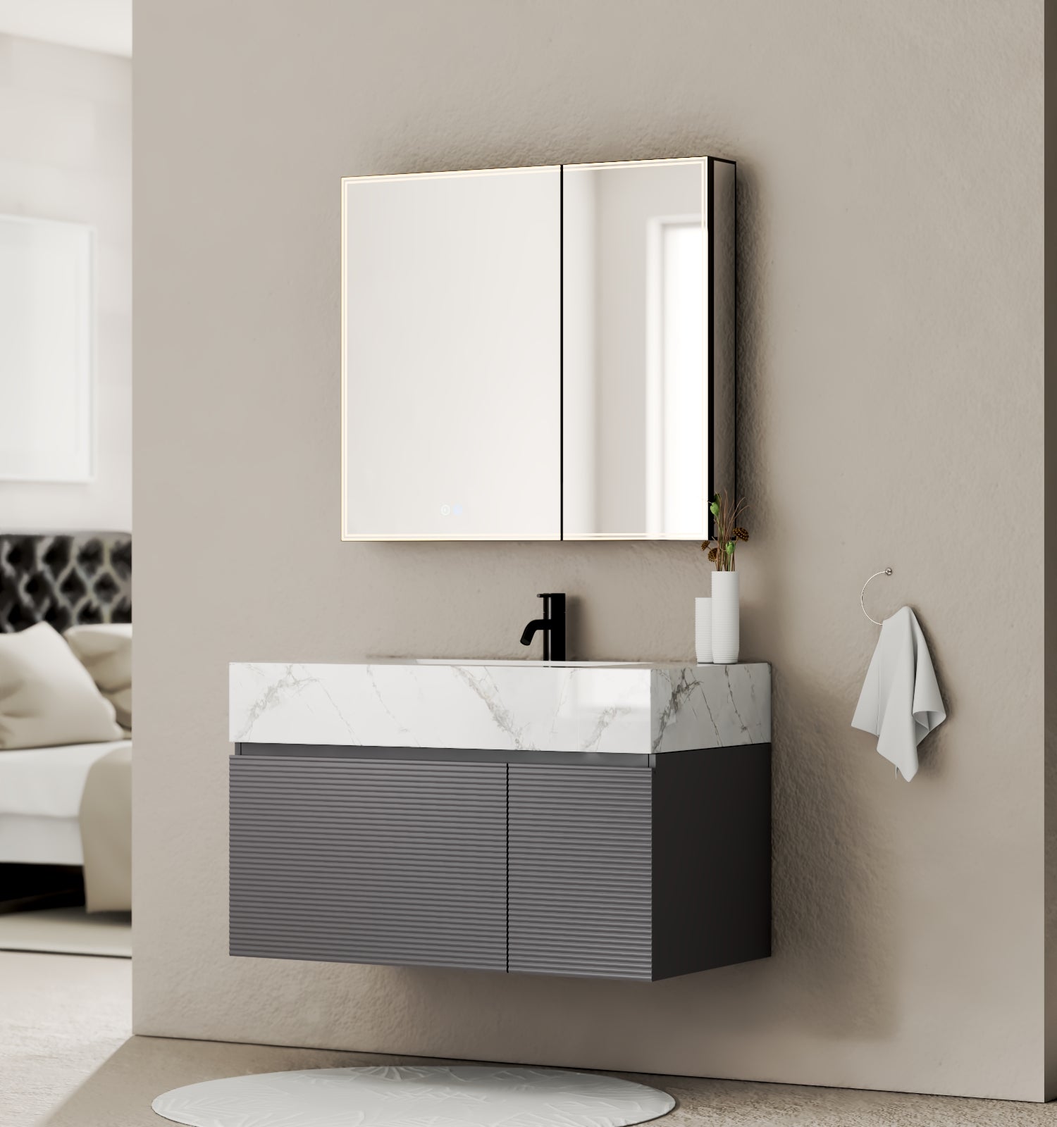 40''/32'' Stone Top with Dark Gray Engineered Wood Floating Bathroom Vanity - Vanity40" NeoNova Decor