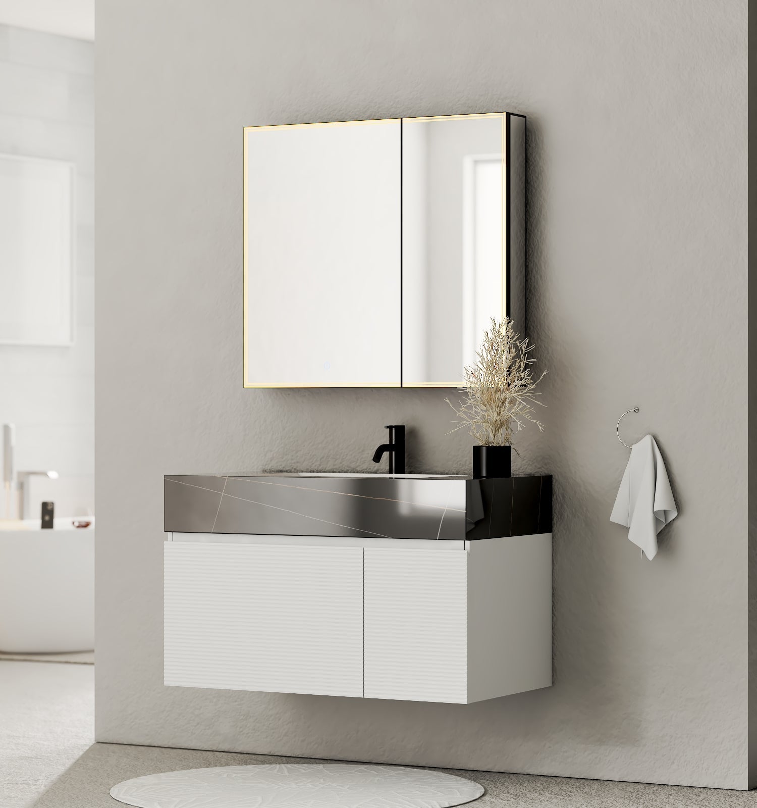 40''/48'' Seamless Stone Top with White Fluted Engineered Wood Floating Bathroom Vanity - Vanity48"x21.5" NeoNova Decor