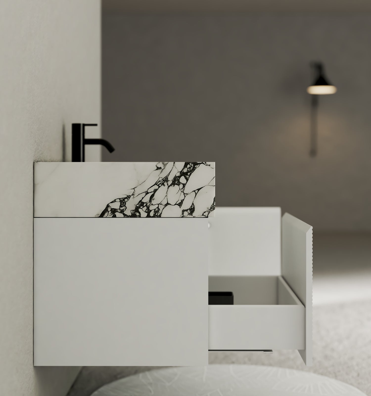 40''/48'' Seamless Stone Top with White Fluted Engineered Wood Floating Bathroom Vanity - Vanity48"x21.5" NeoNova Decor