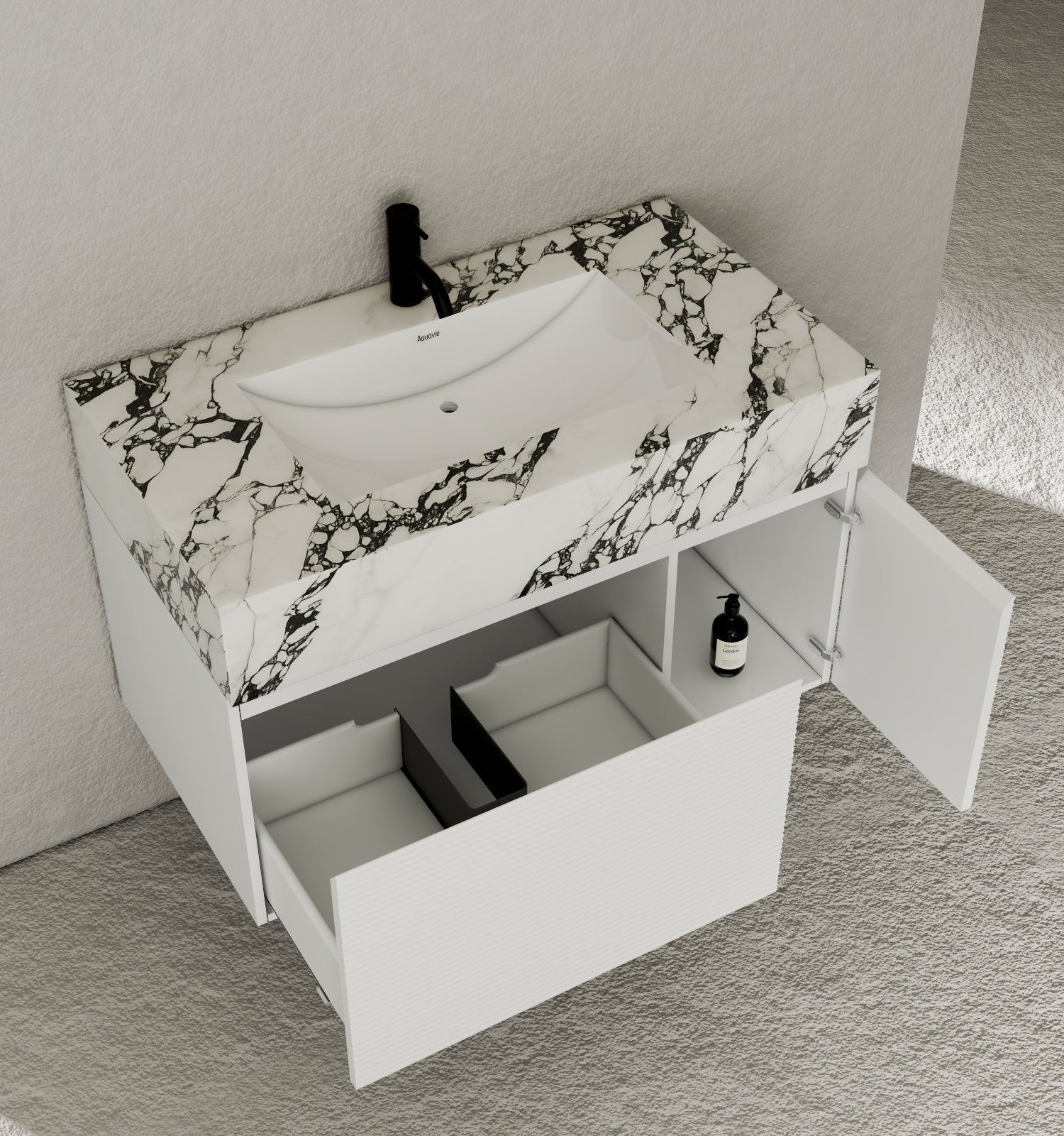 40''/48'' Seamless Stone Top with White Fluted Engineered Wood Floating Bathroom Vanity - Vanity48"x21.5" NeoNova Decor