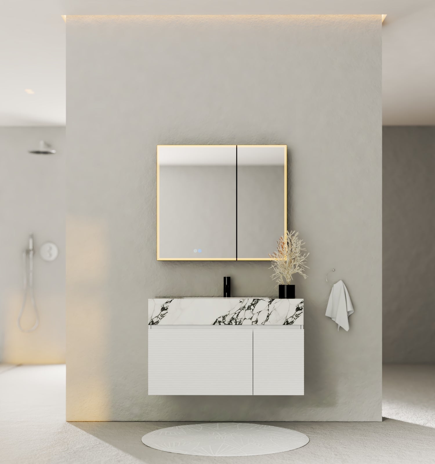 40''/48'' Seamless Stone Top with White Fluted Engineered Wood Floating Bathroom Vanity - Vanity48"x21.5" NeoNova Decor