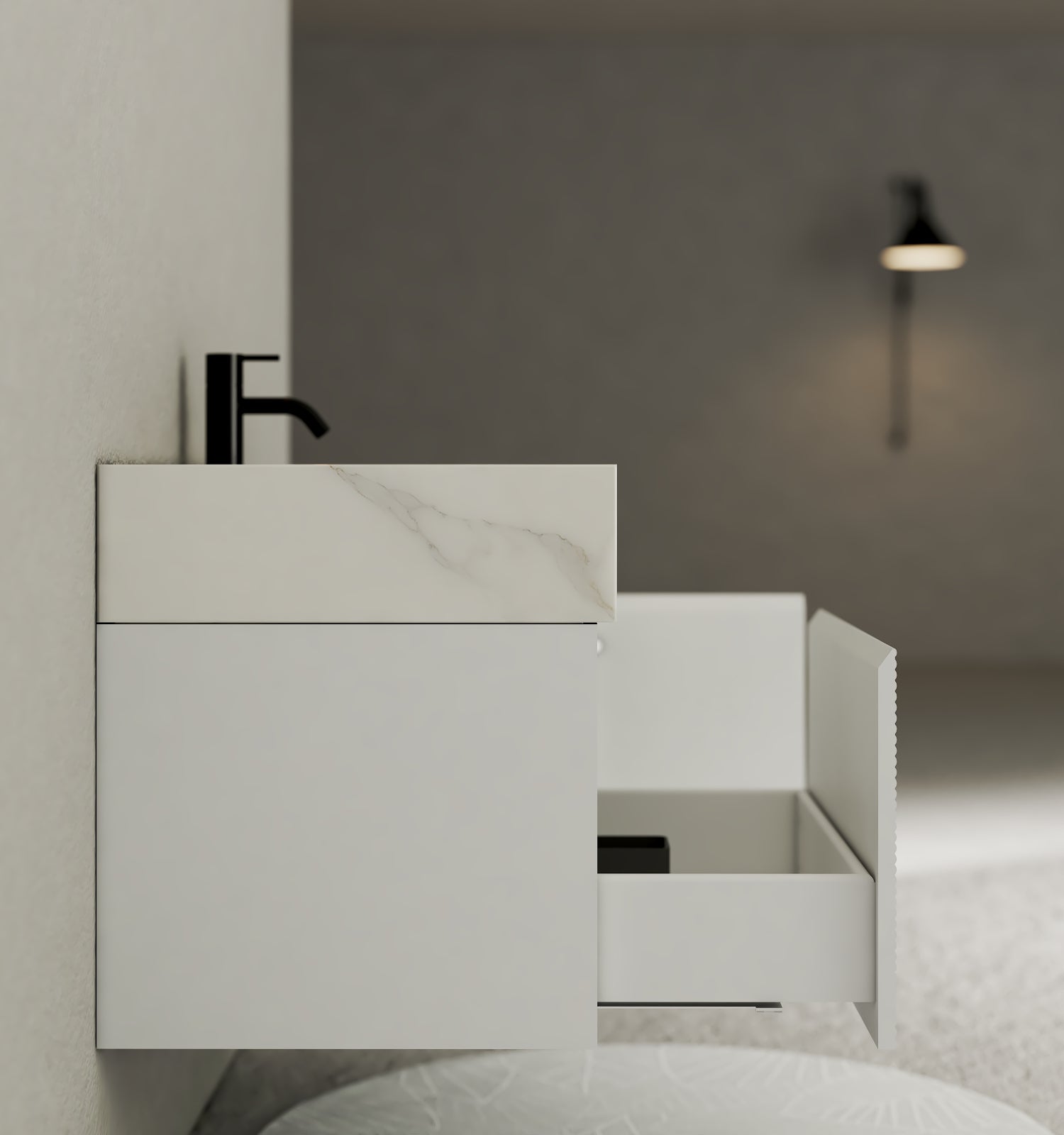 40''/48'' Seamless Stone Top with White Fluted Engineered Wood Floating Bathroom Vanity - Vanity48"x21.5" NeoNova Decor