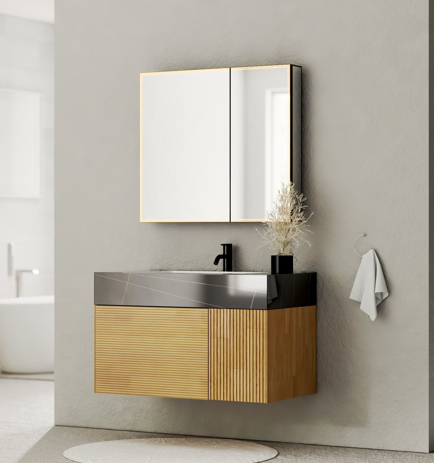 40''/48'' Stone Top with Oak Engineered Wood Floating Bathroom Vanity - Vanity40"x 21.5" NeoNova Decor