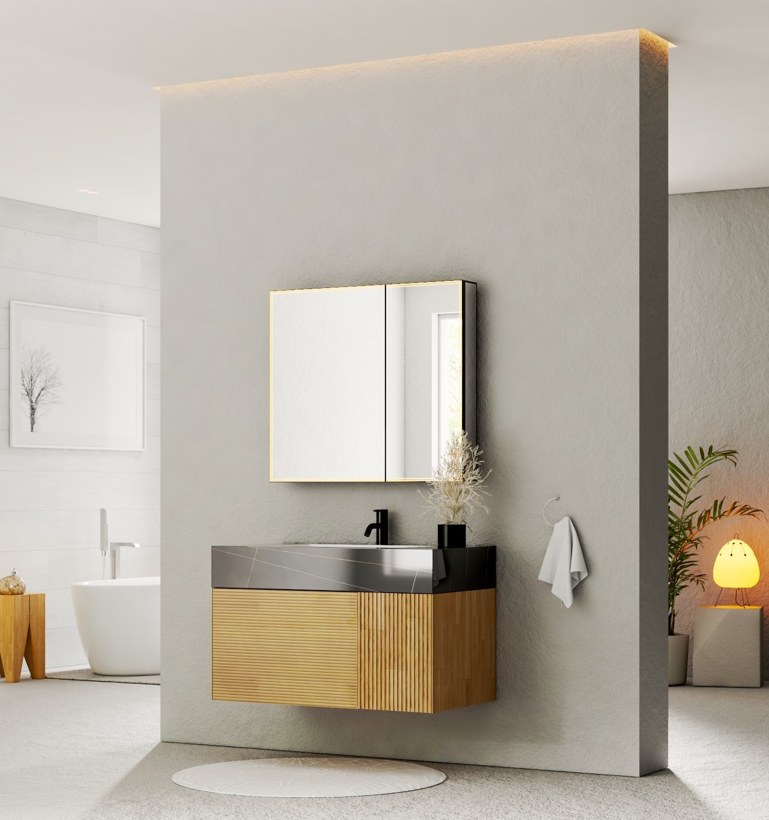 40''/48'' Stone Top with Oak Engineered Wood Floating Bathroom Vanity - Vanity40"x 21.5" NeoNova Decor