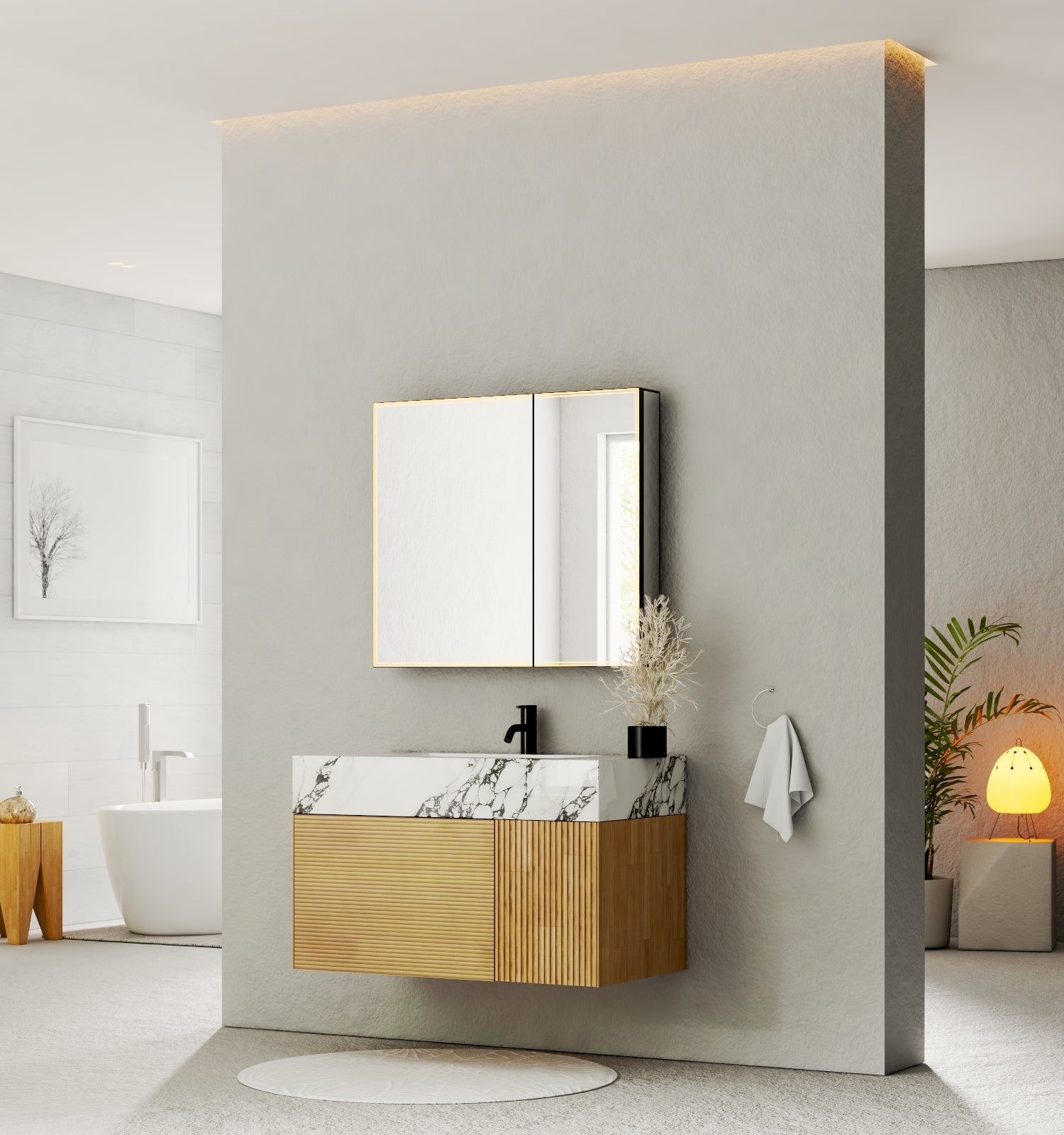 40''/48'' Stone Top with Oak Engineered Wood Floating Bathroom Vanity - Vanity40"x 21.5" NeoNova Decor