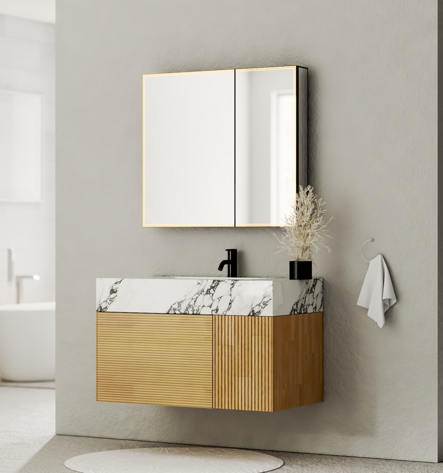 40''/48'' Stone Top with Oak Engineered Wood Floating Bathroom Vanity - Vanity40"x 21.5" NeoNova Decor