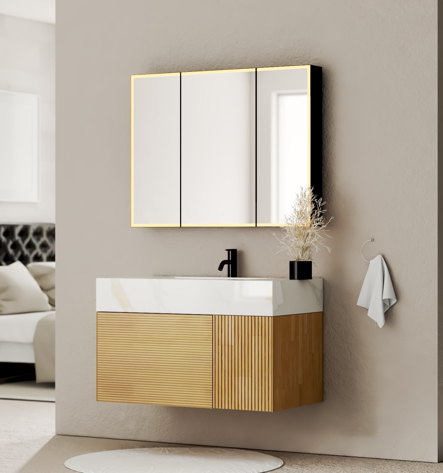 40''/48'' Stone Top with Oak Engineered Wood Floating Bathroom Vanity - Vanity40"x 21.5" NeoNova Decor