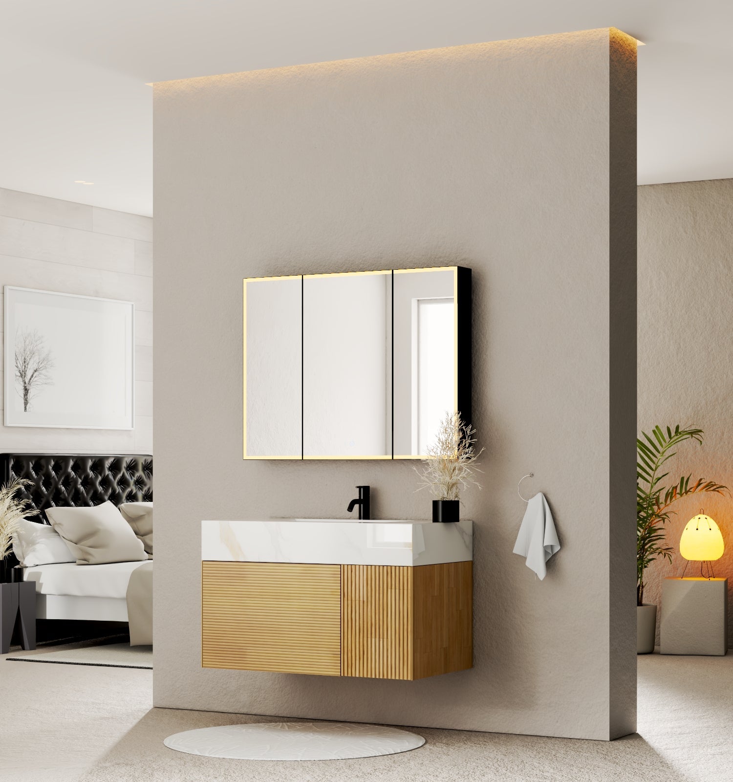 40''/48'' Stone Top with Oak Engineered Wood Floating Bathroom Vanity - Vanity40"x 21.5" NeoNova Decor