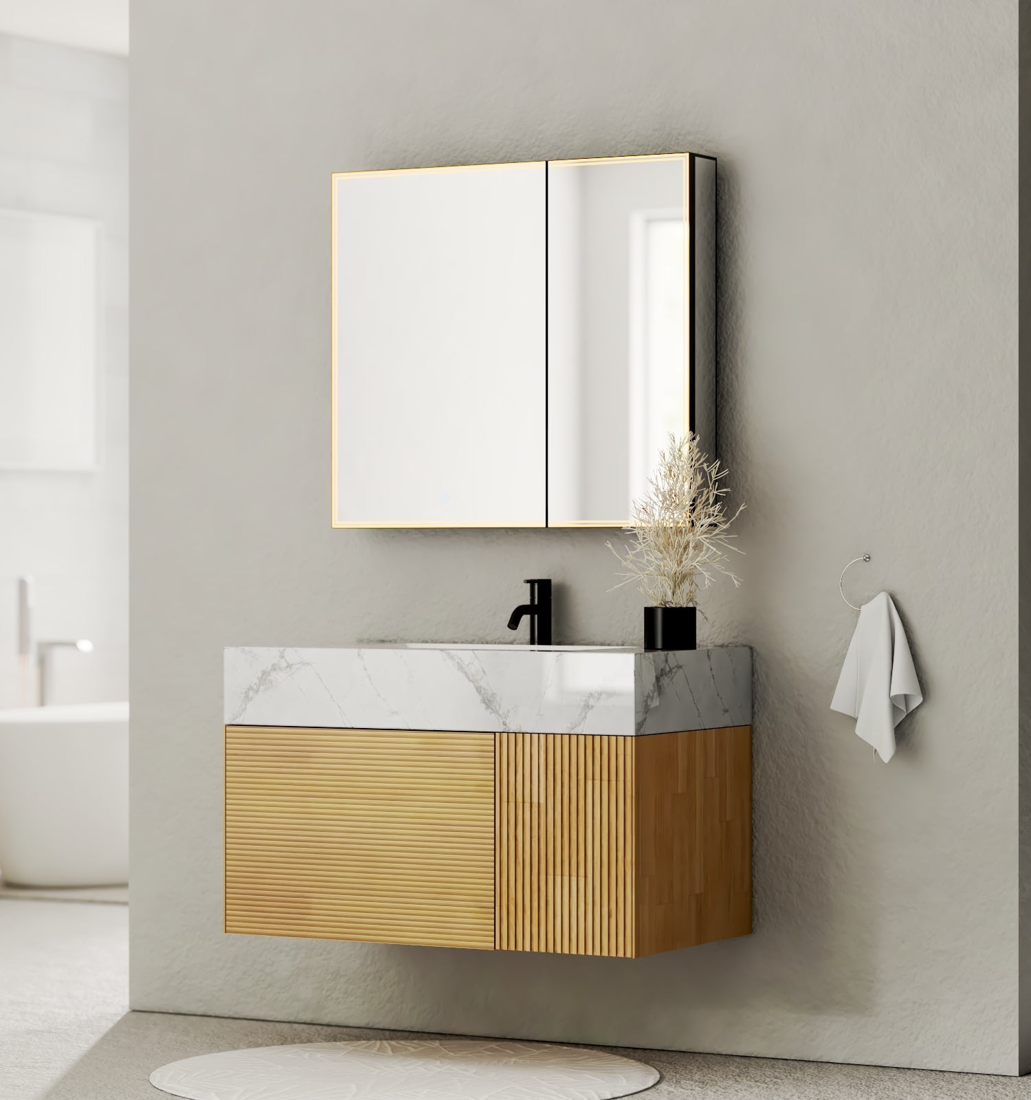 40''/48'' Stone Top with Oak Engineered Wood Floating Bathroom Vanity - Vanity40"x 21.5" NeoNova Decor