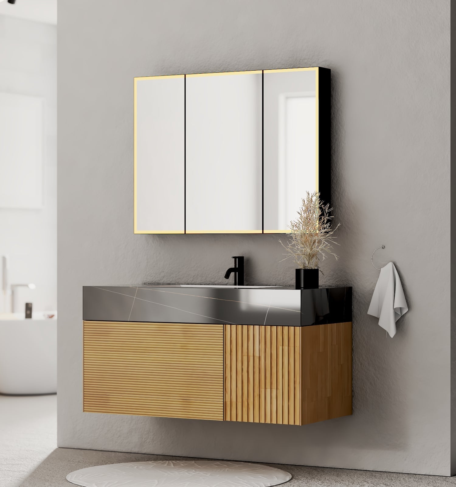 40''/48'' Stone Top with Oak Engineered Wood Floating Bathroom Vanity - Vanity48"x 21.5" NeoNova Decor