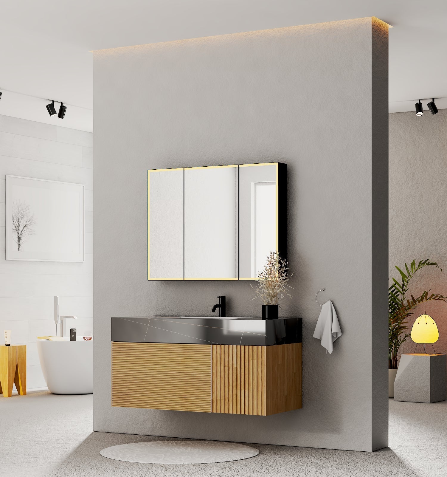 40''/48'' Stone Top with Oak Engineered Wood Floating Bathroom Vanity - Vanity48"x 21.5" NeoNova Decor