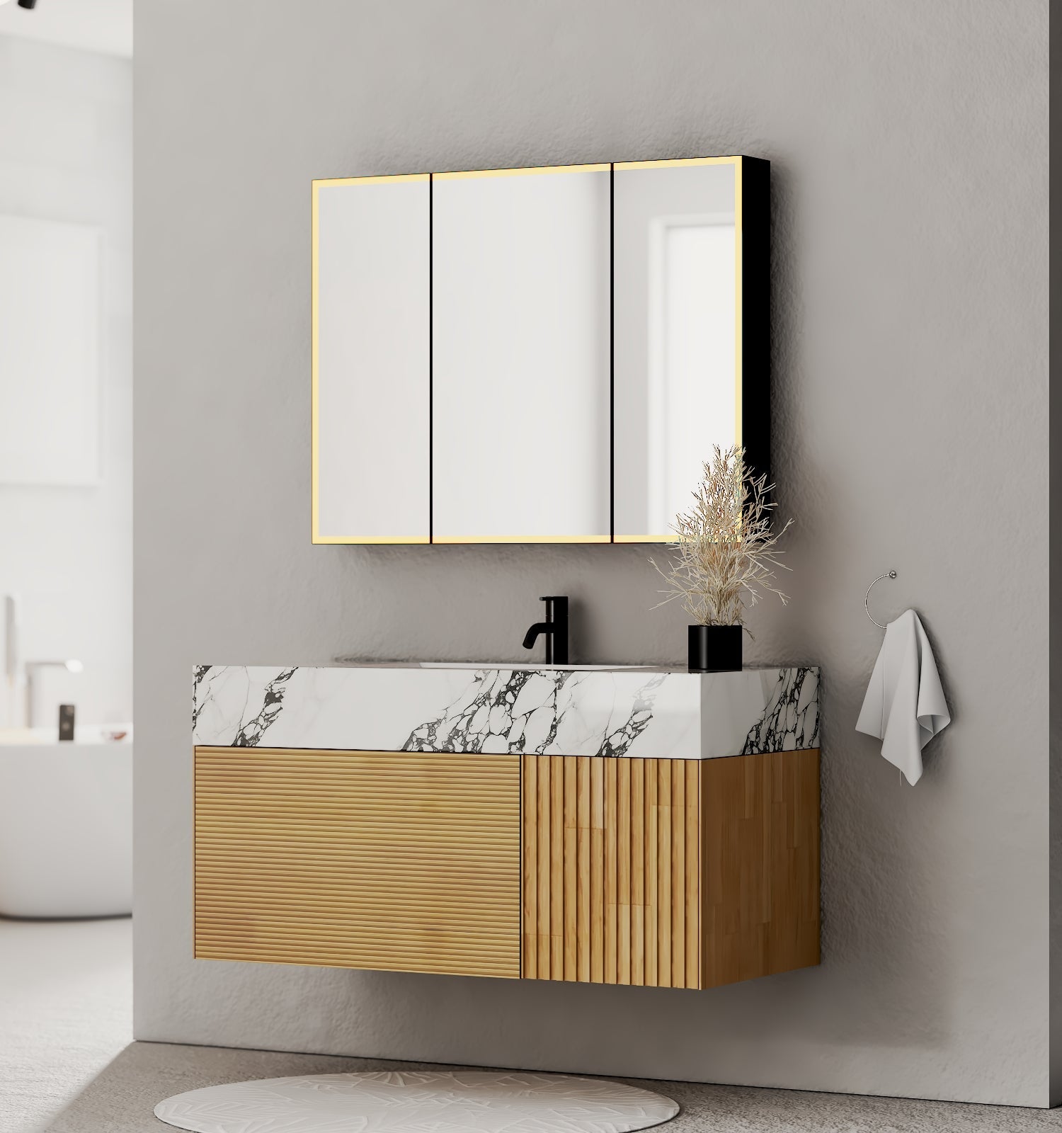 40''/48'' Stone Top with Oak Engineered Wood Floating Bathroom Vanity - Vanity48"x 21.5" NeoNova Decor