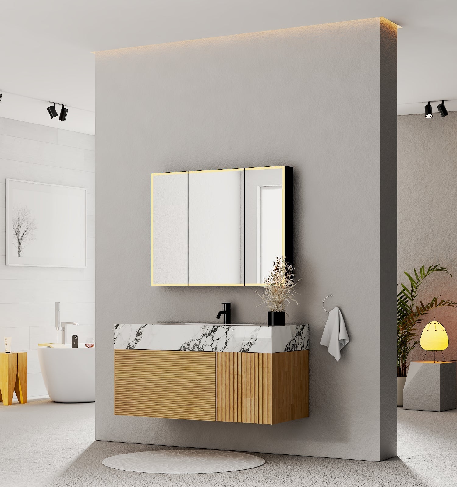 40''/48'' Stone Top with Oak Engineered Wood Floating Bathroom Vanity - Vanity48"x 21.5" NeoNova Decor