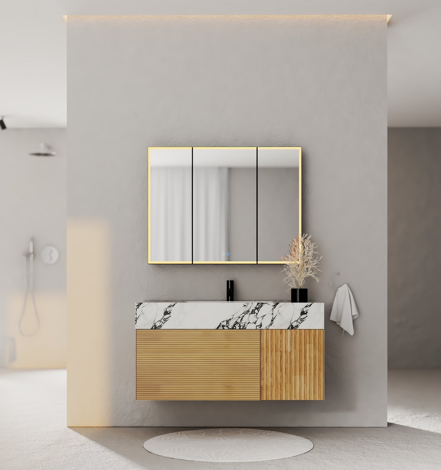 40''/48'' Stone Top with Oak Engineered Wood Floating Bathroom Vanity - Vanity48"x 21.5" NeoNova Decor