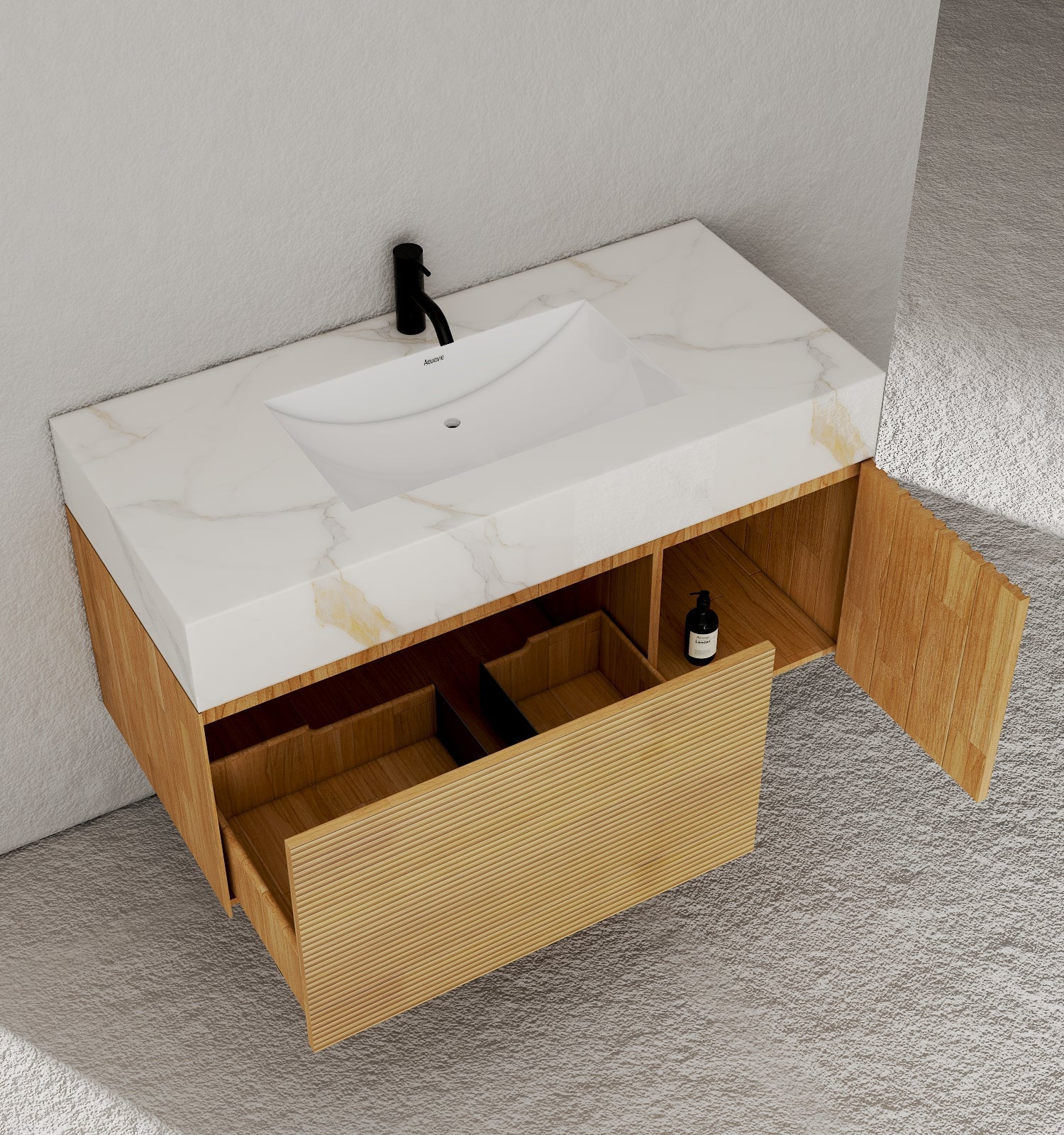 40''/48'' Stone Top with Oak Engineered Wood Floating Bathroom Vanity - Vanity48"x 21.5" NeoNova Decor