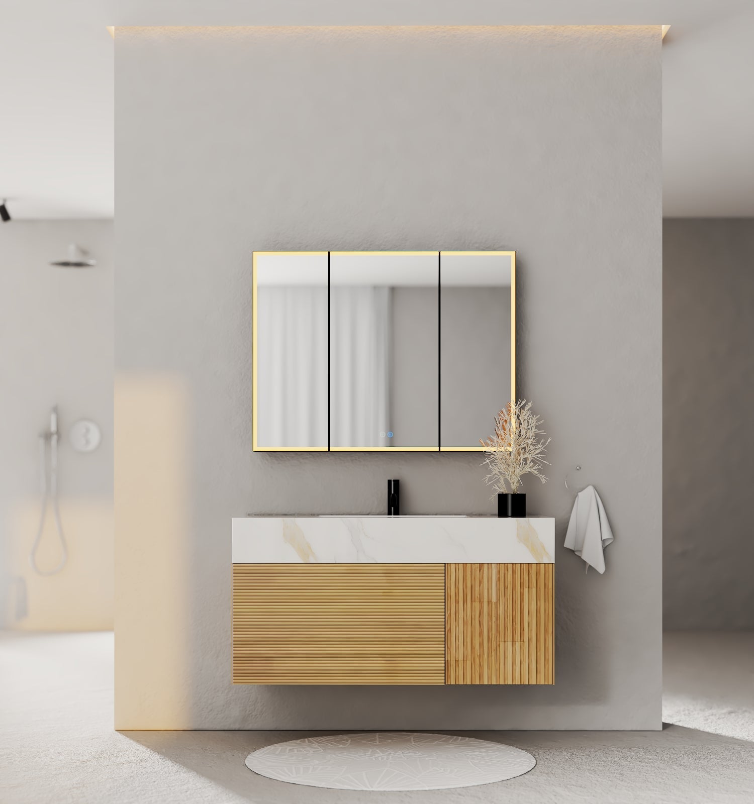 40''/48'' Stone Top with Oak Engineered Wood Floating Bathroom Vanity - Vanity48"x 21.5" NeoNova Decor