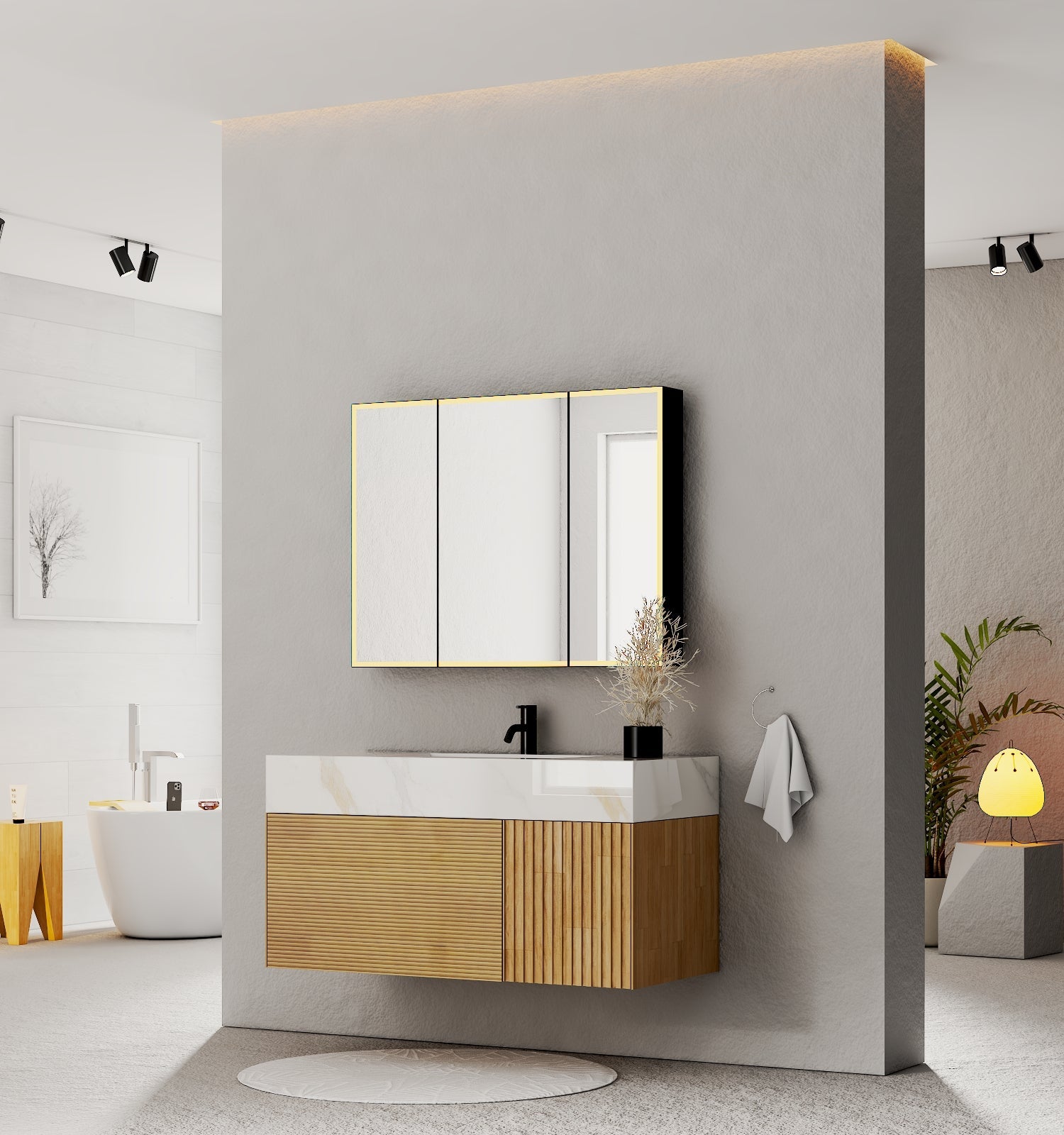 40''/48'' Stone Top with Oak Engineered Wood Floating Bathroom Vanity - Vanity48"x 21.5" NeoNova Decor