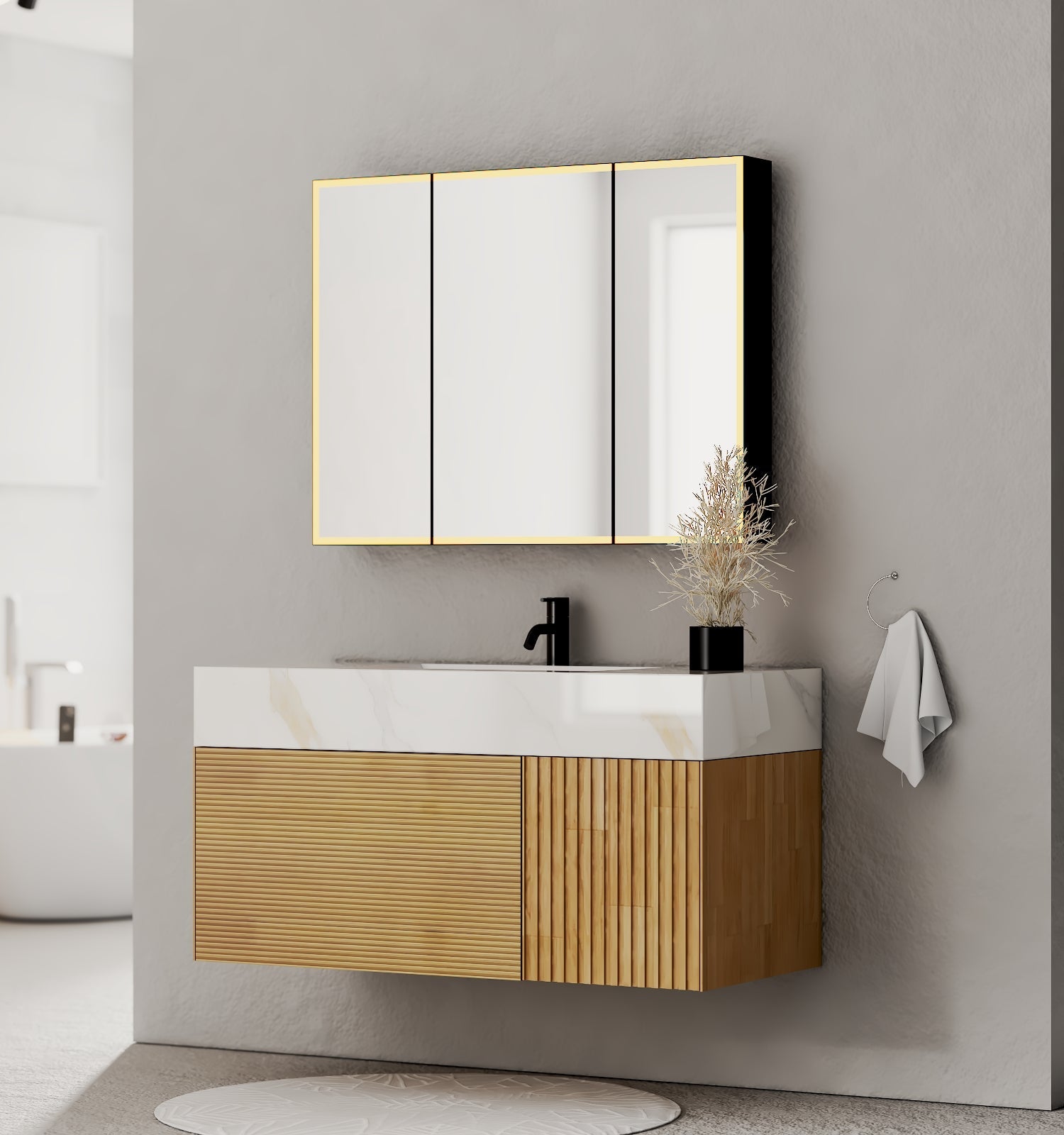 40''/48'' Stone Top with Oak Engineered Wood Floating Bathroom Vanity - Vanity48"x 21.5" NeoNova Decor