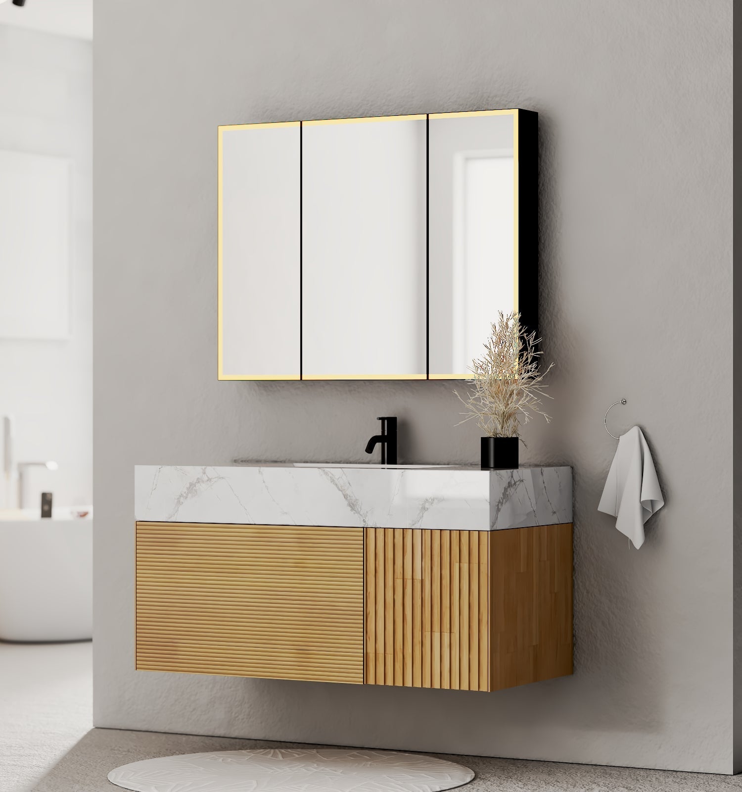 40''/48'' Stone Top with Oak Engineered Wood Floating Bathroom Vanity - Vanity48"x 21.5" NeoNova Decor
