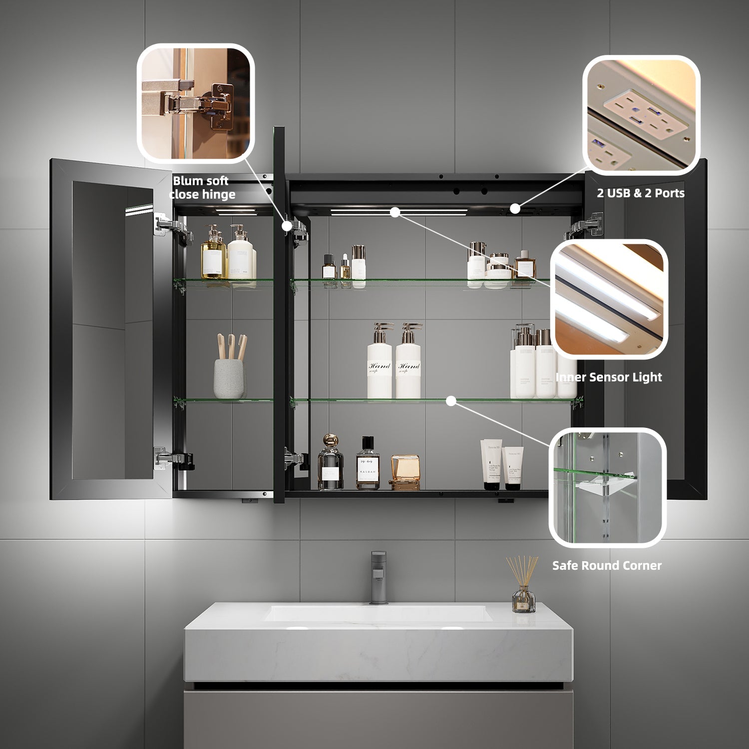 42"x32" LED Medicine Cabinet with Mirror – 3 Doors, Memory Function, Wall Recessed or Surface Mount - Medicine Cabinet NeoNova Decor