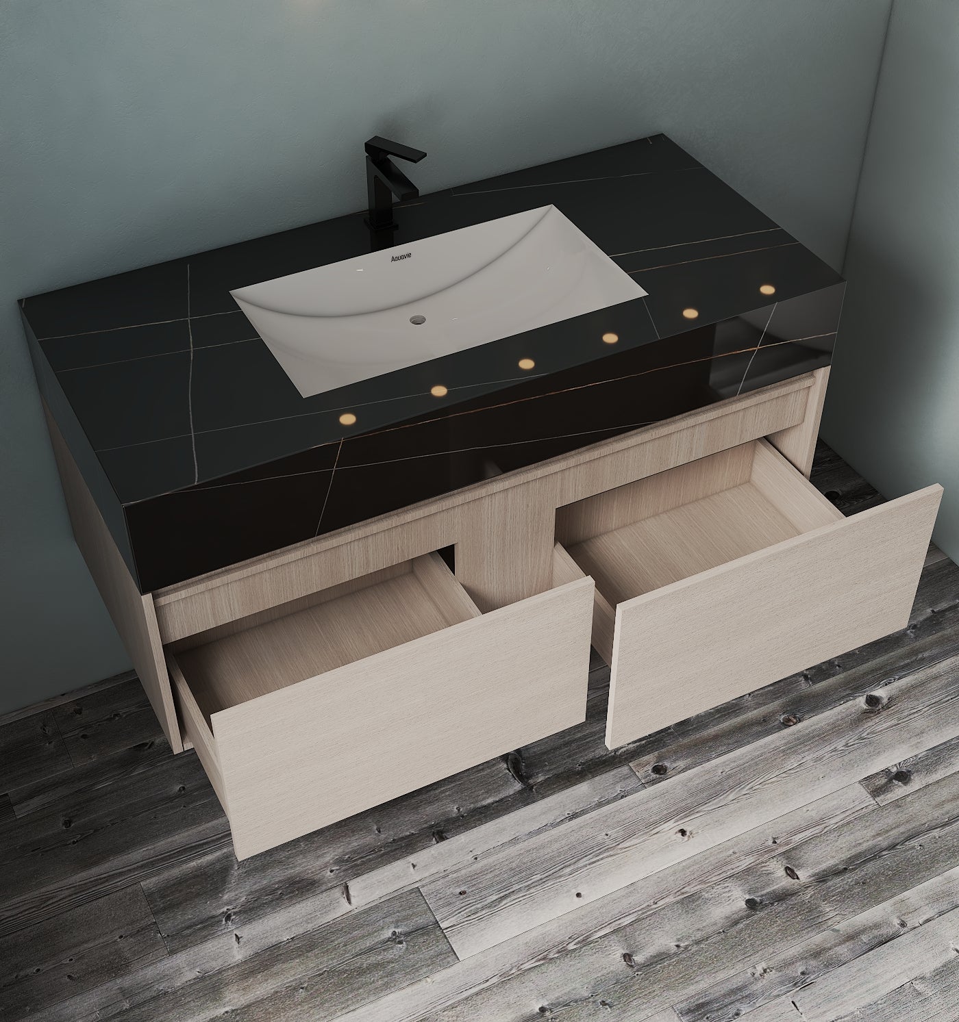 Black Marquina gold vein 48 inch floating vanity