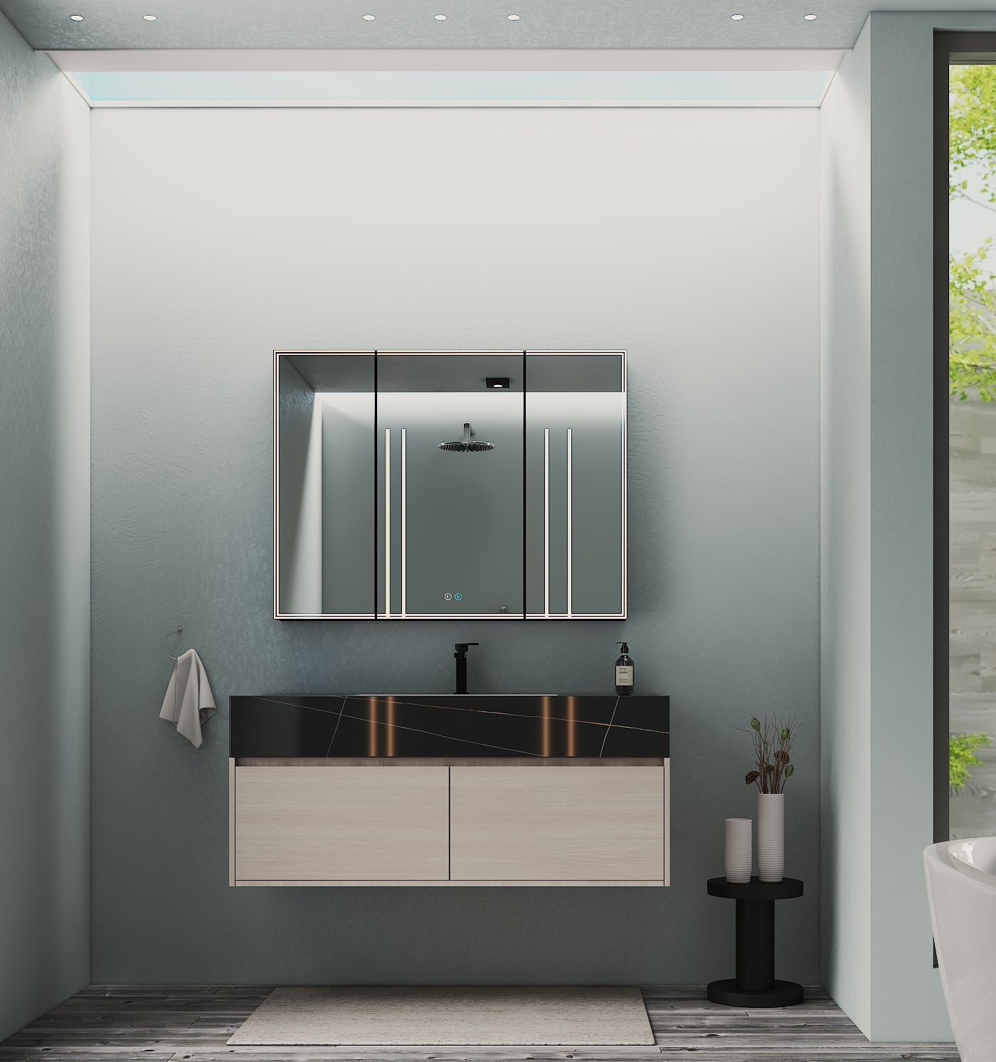 Backsplash strip detail on 48 inch floating vanity