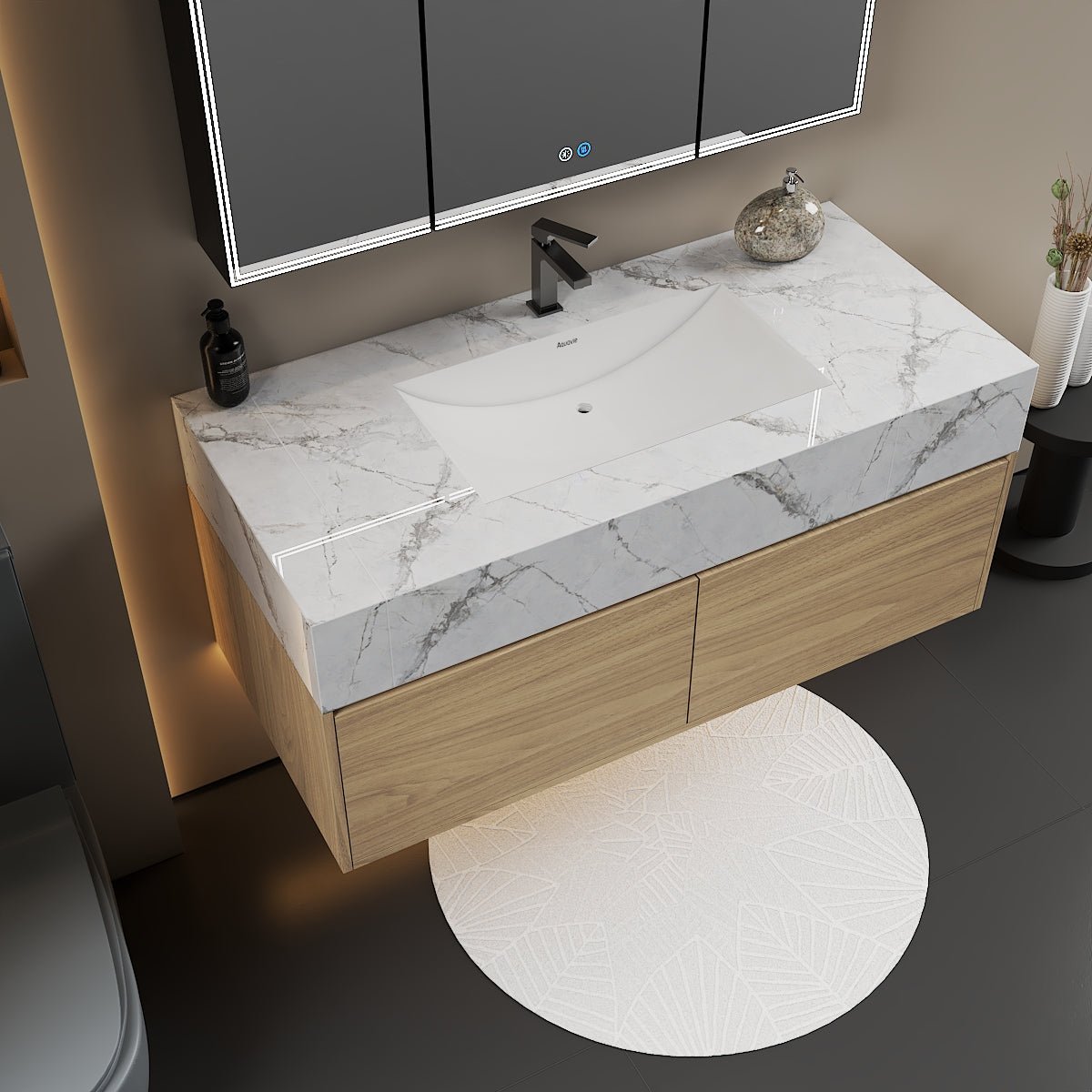 Fully assembled 48 inch bathroom vanity ready to install