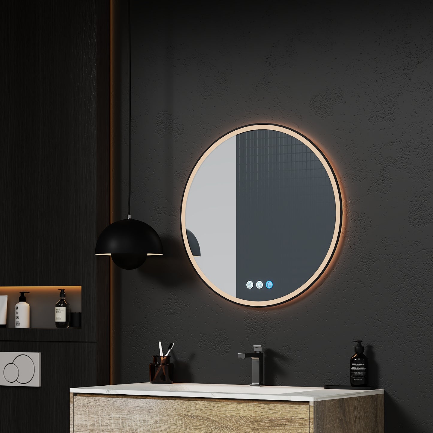 Luna Round LED Mirror with Black Metal Frame – 28" / 36"