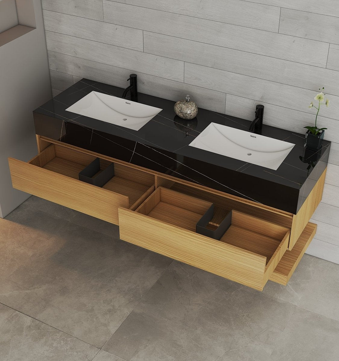 60” / 71” Honey Oak Floating Double Sink Vanity – Stone Top - VanityHoney Oak NeoNova Decor