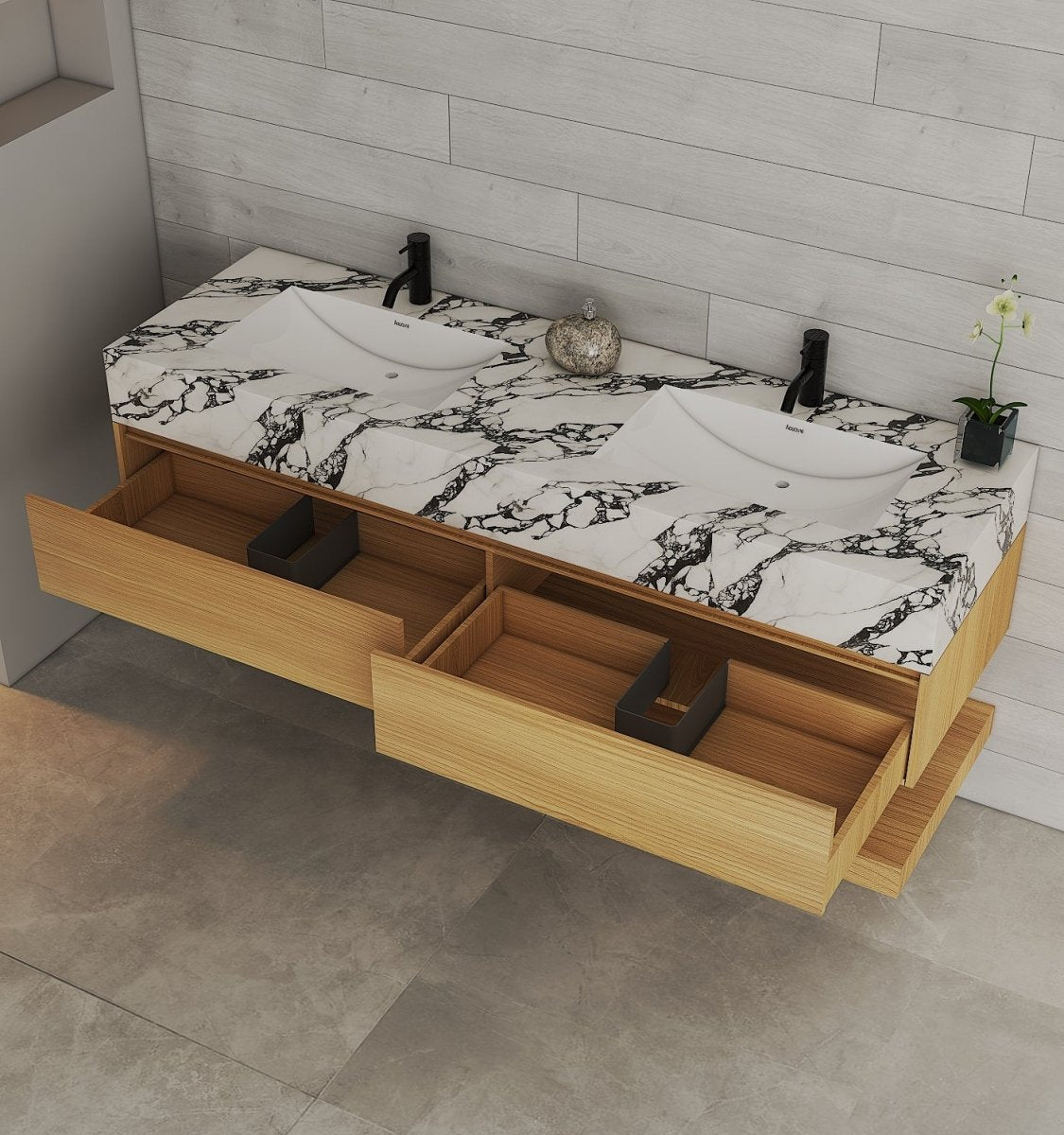 60” / 71” Honey Oak Floating Double Sink Vanity – Stone Top - VanityHoney Oak NeoNova Decor
