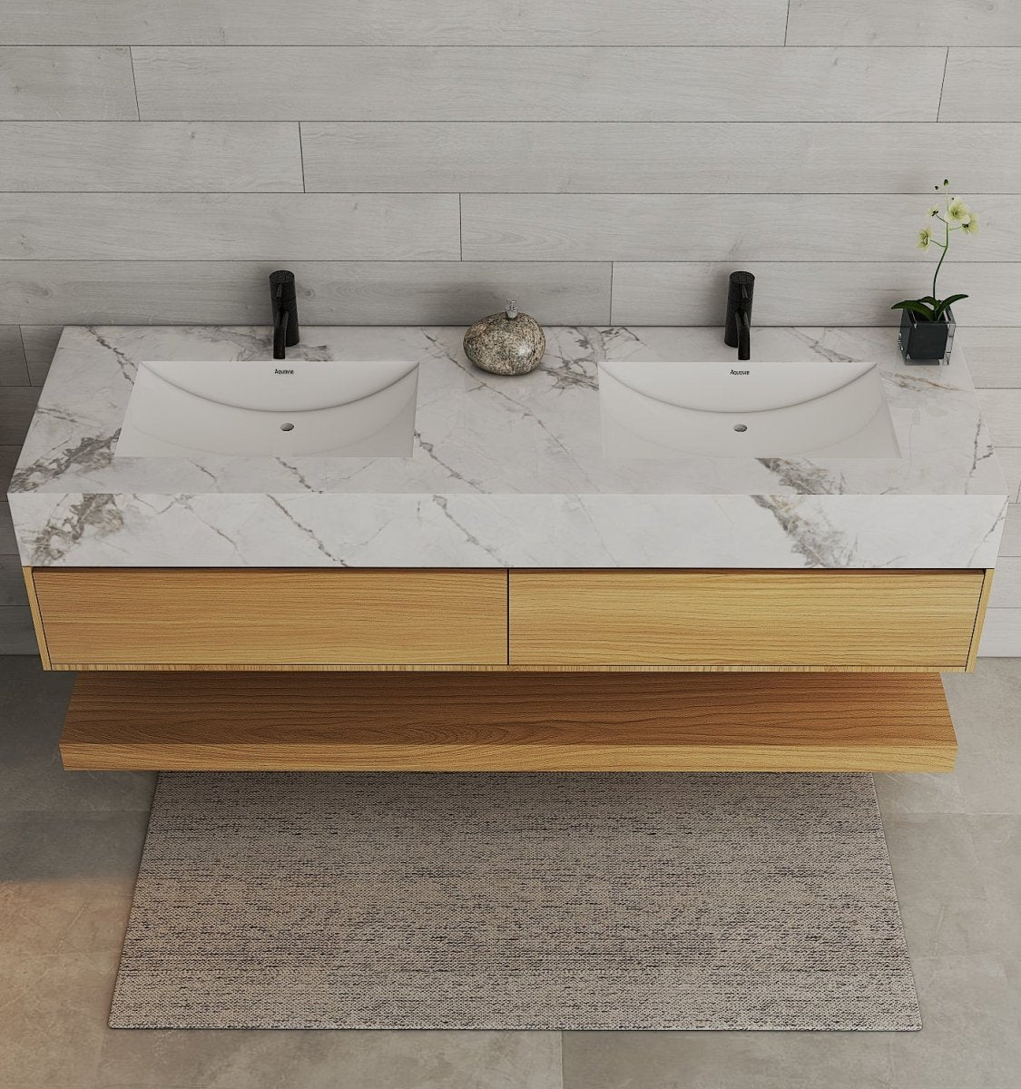 60” / 71” Honey Oak Floating Double Sink Vanity – Stone Top - VanityHoney Oak NeoNova Decor