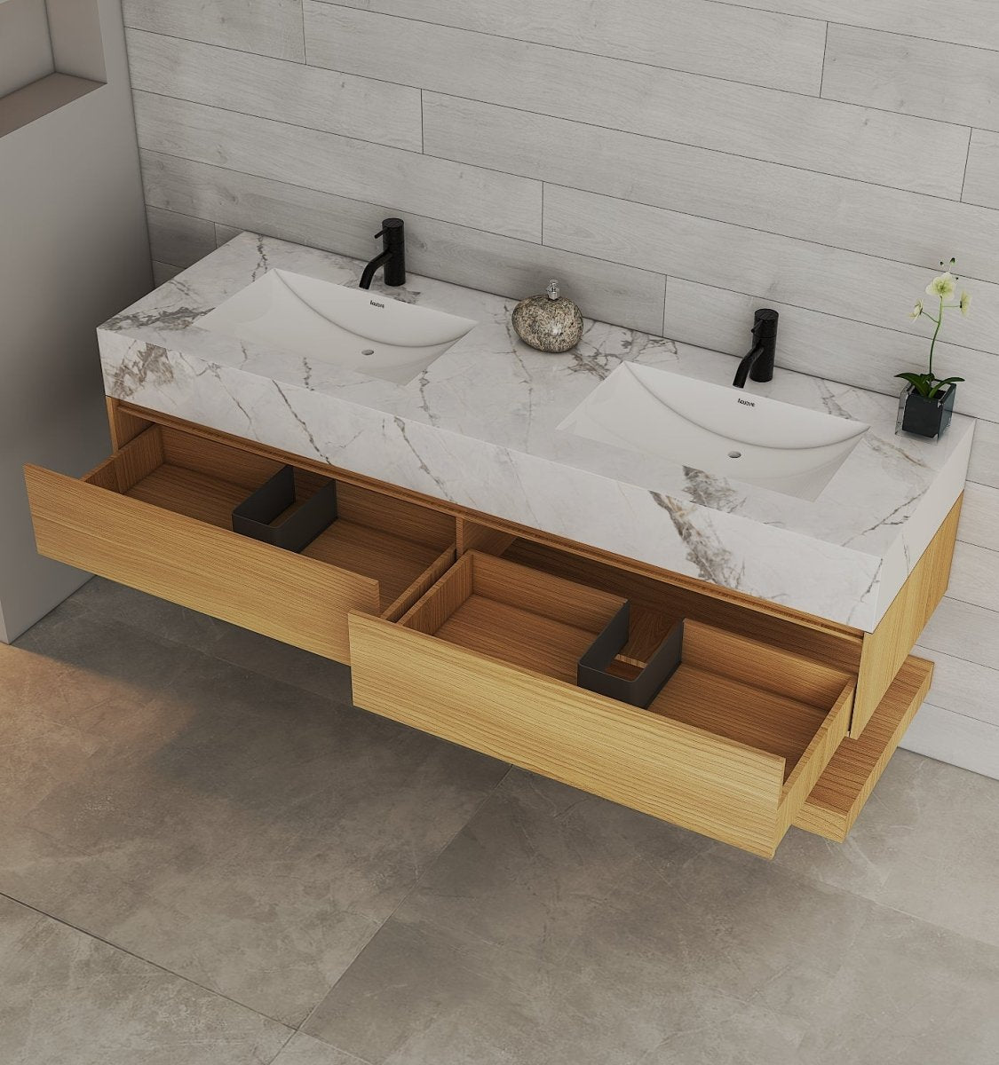 60” / 71” Honey Oak Floating Double Sink Vanity – Stone Top - VanityHoney Oak NeoNova Decor