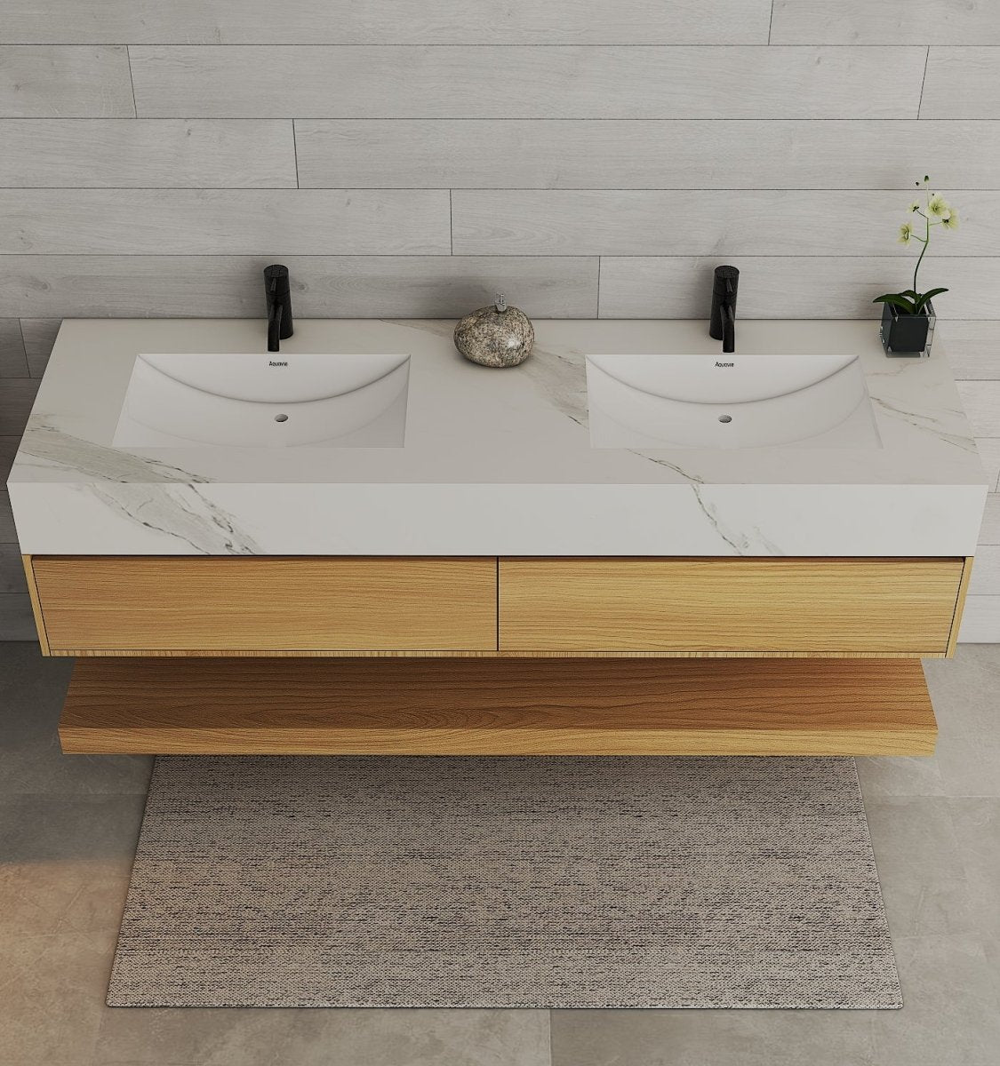 60” / 71” Honey Oak Floating Double Sink Vanity – Stone Top - VanityHoney Oak NeoNova Decor