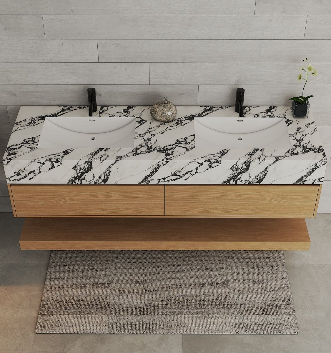 60” Smoked Oak Floating Double Sink Bathroom Vanity – Stone Top - VanitySmoked Oak NeoNova Decor