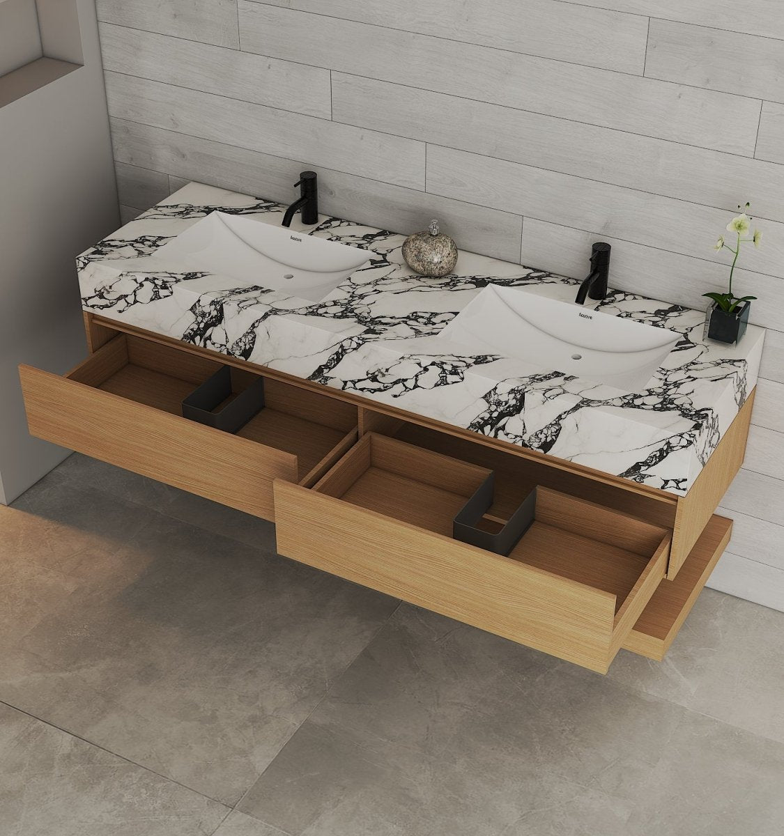 60” Smoked Oak Floating Double Sink Bathroom Vanity – Stone Top - VanitySmoked Oak NeoNova Decor