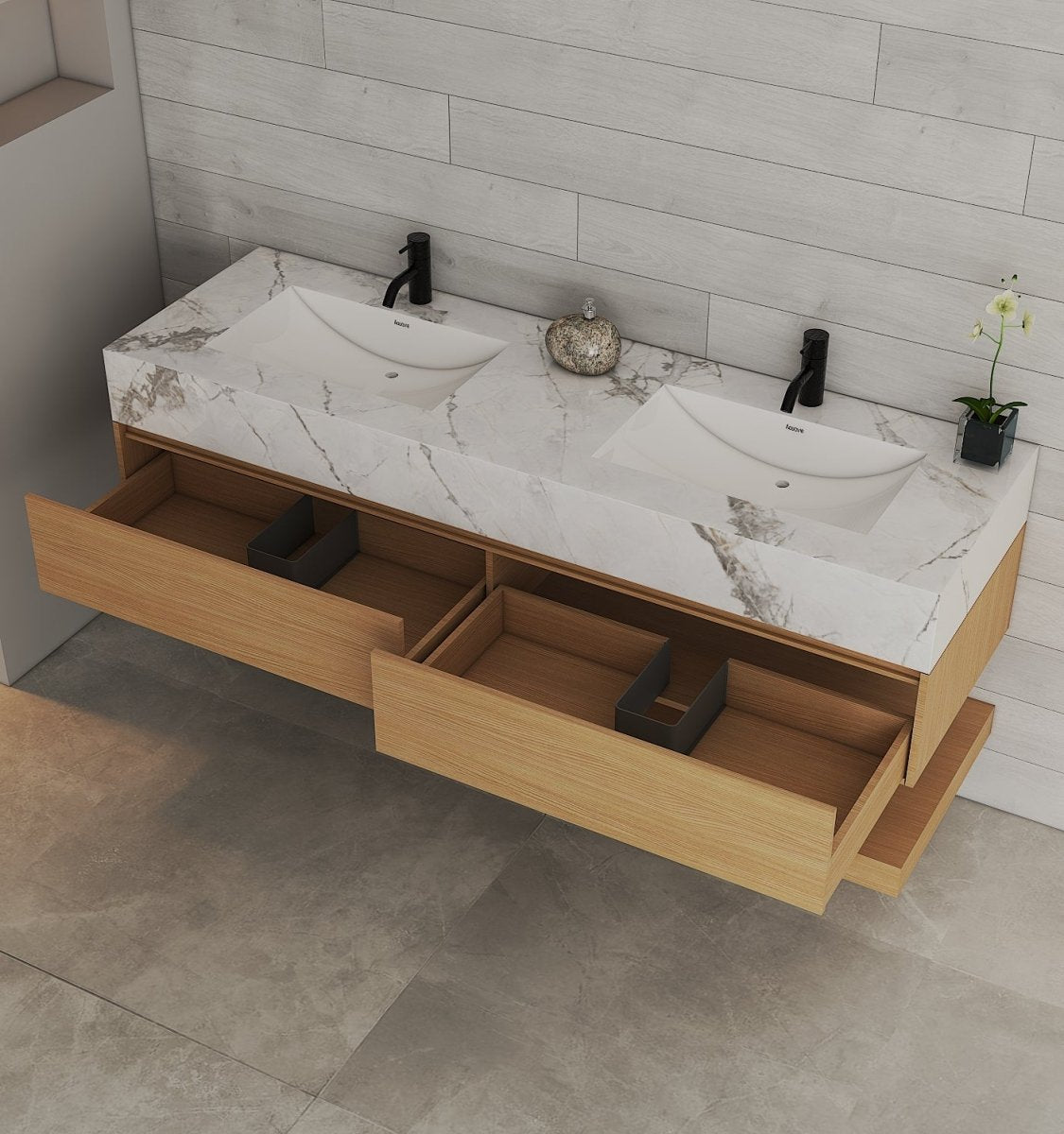60” Smoked Oak Floating Double Sink Bathroom Vanity – Stone Top - VanitySmoked Oak NeoNova Decor