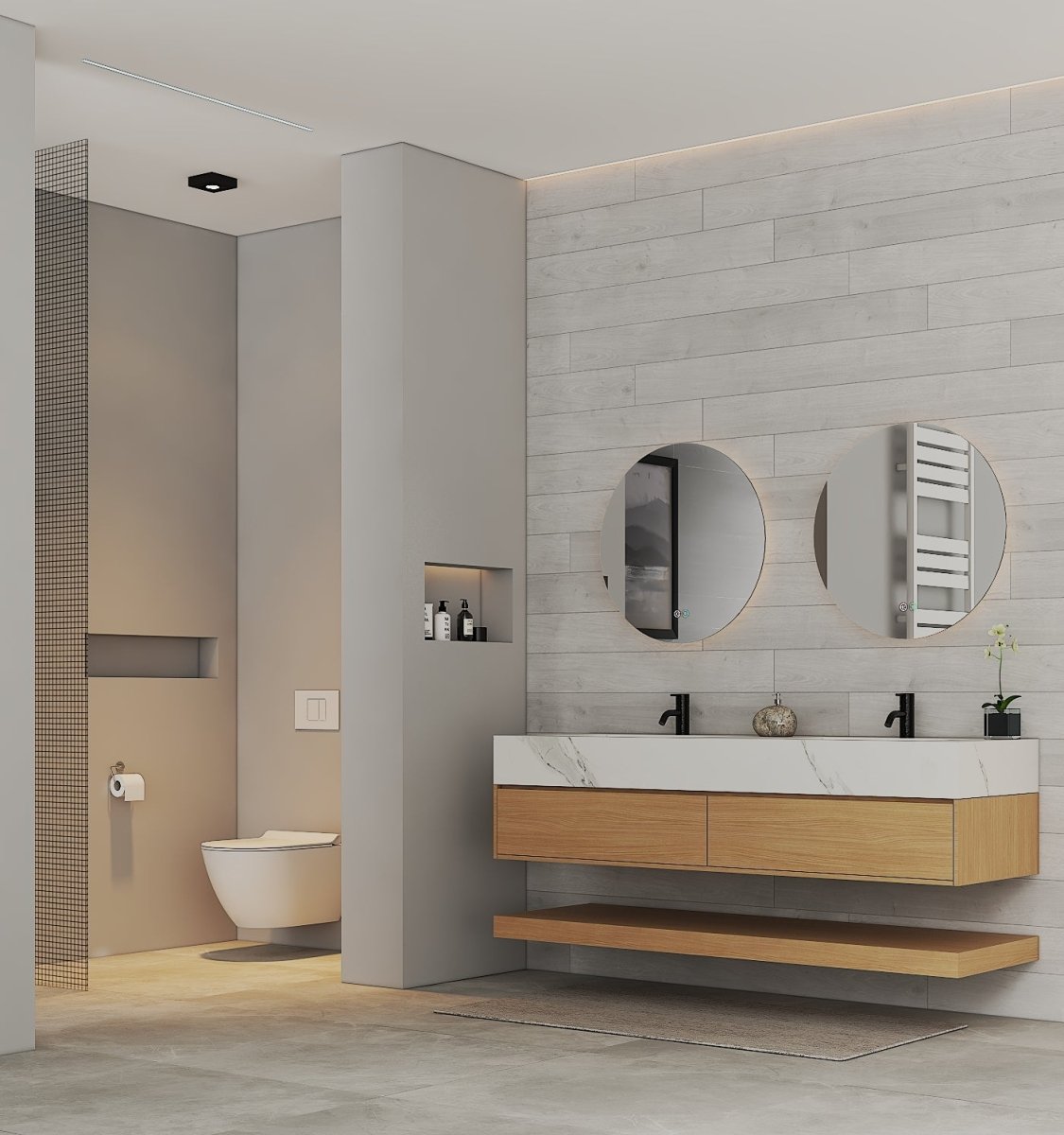 60” Smoked Oak Floating Double Sink Bathroom Vanity – Stone Top - VanitySmoked Oak NeoNova Decor