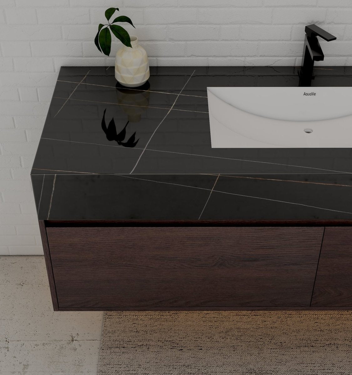 60" Walnut Double Sink Stone Top Two Drawers Floating Bathroom Vanity - VanityWalnut NeoNova Decor