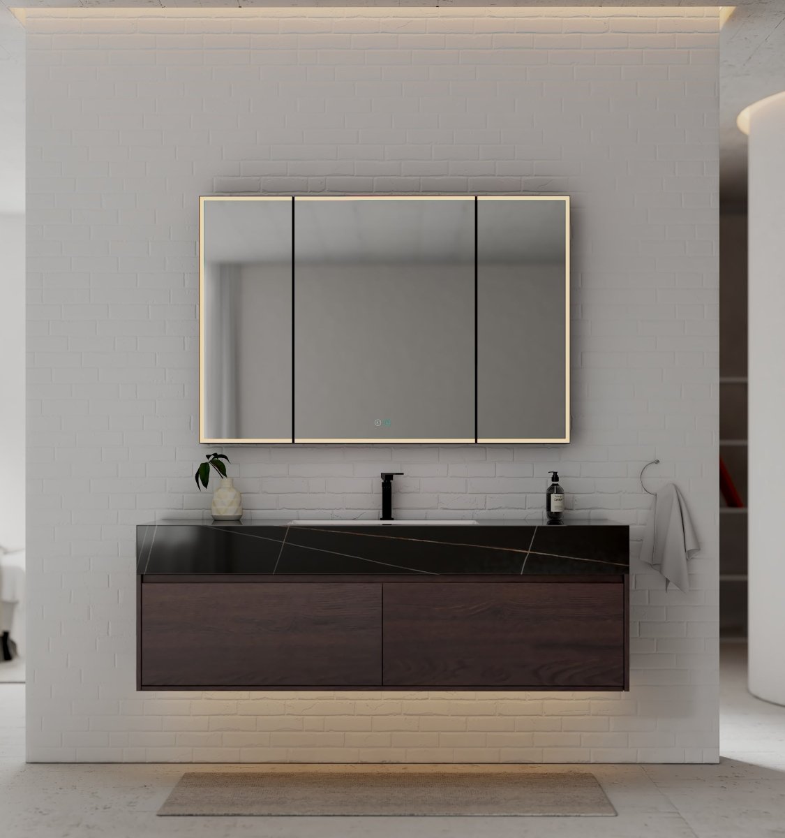 60" Walnut Double Sink Stone Top Two Drawers Floating Bathroom Vanity - VanityWalnut NeoNova Decor