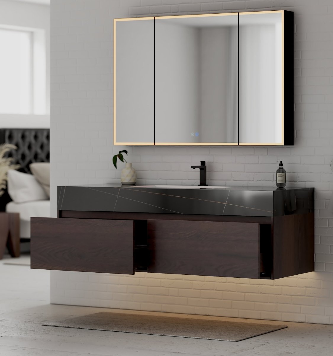 60" Walnut Double Sink Stone Top Two Drawers Floating Bathroom Vanity - VanityWalnut NeoNova Decor