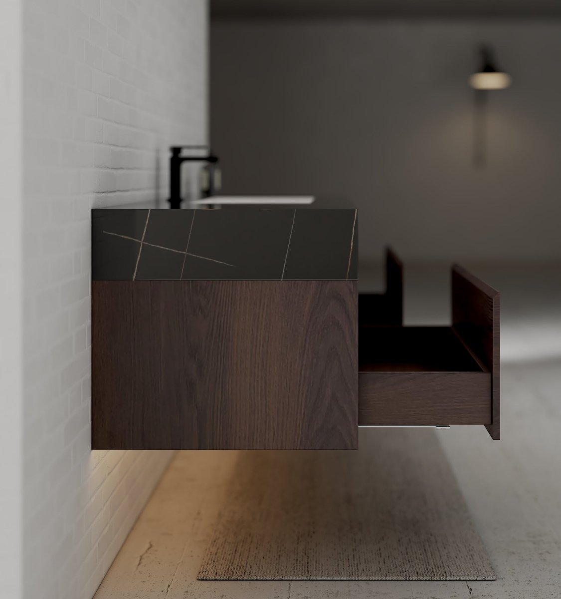 60" Walnut Double Sink Stone Top Two Drawers Floating Bathroom Vanity - VanityWalnut NeoNova Decor